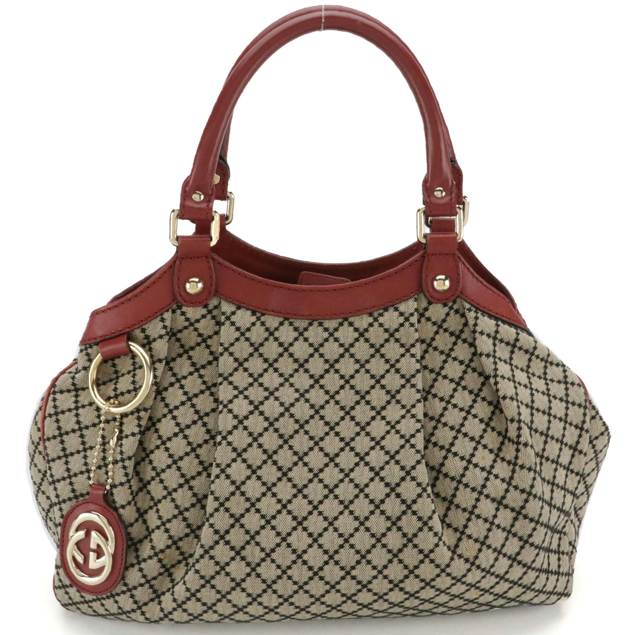 Gucci Sukey Shoulder Tote in Diamante Canvas and Brick Red Calfskin Leather