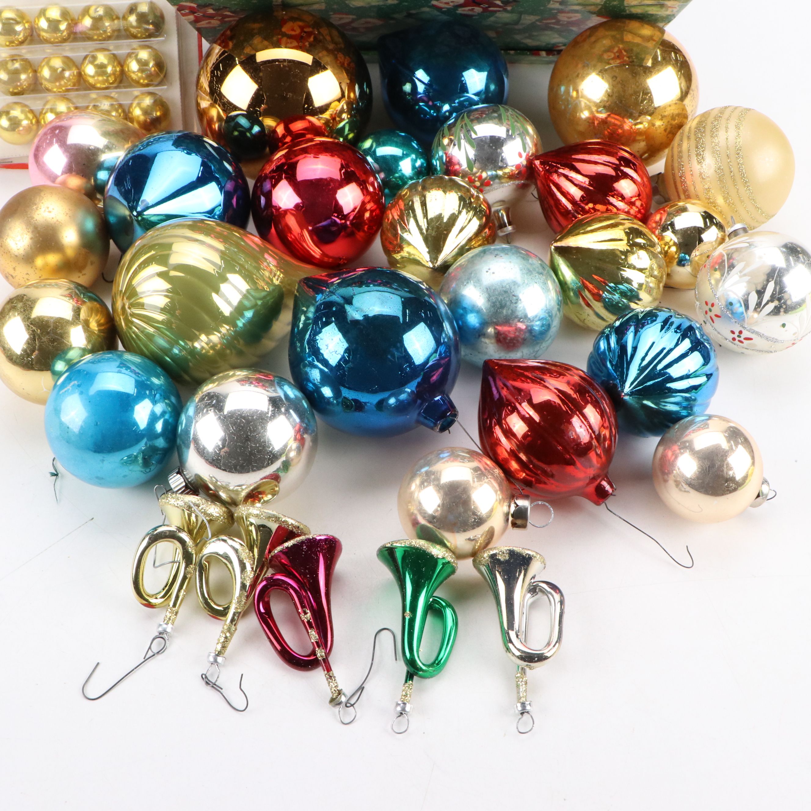 Shiny Brite and More Vintage Christmas Ornaments with Santa Gift Box
