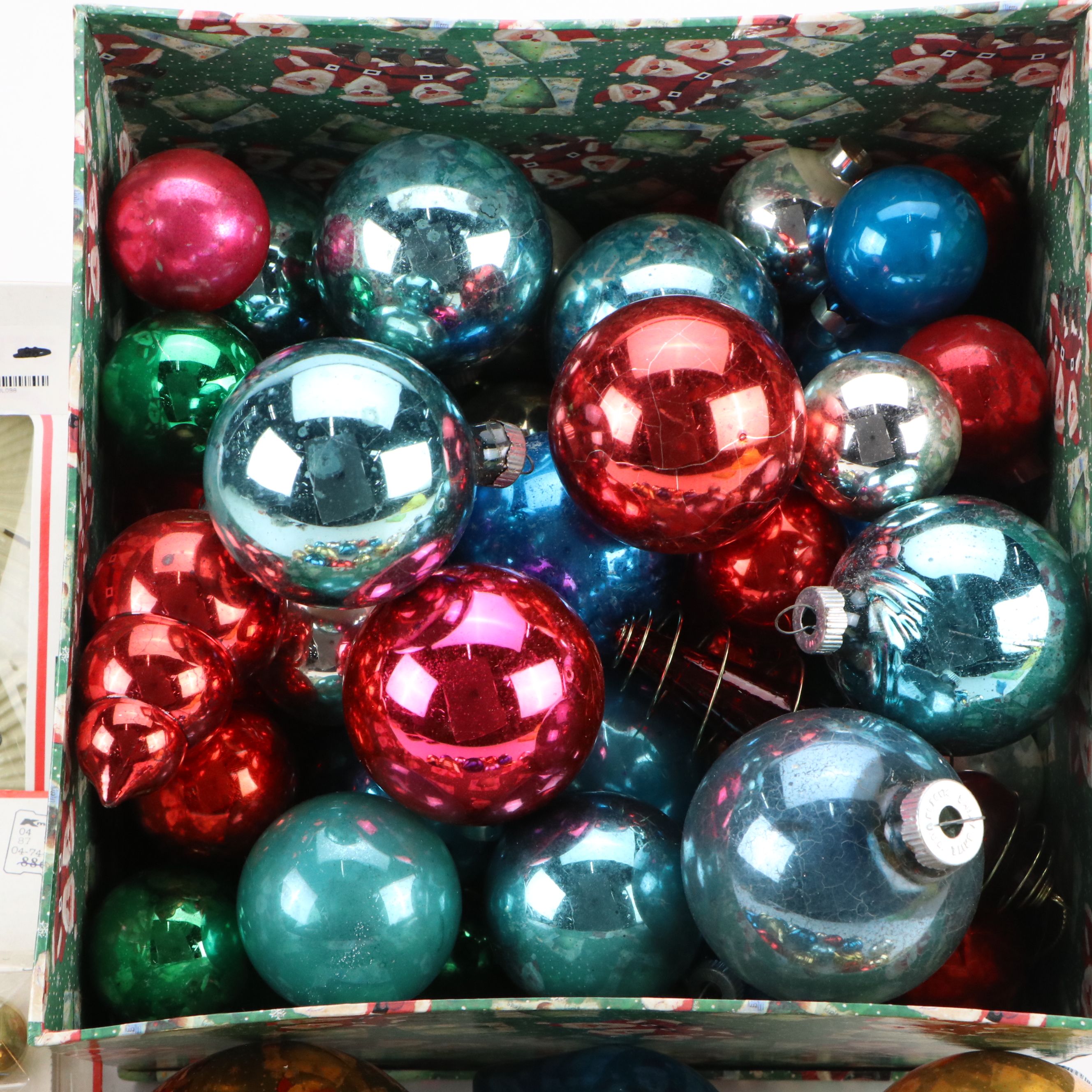 Shiny Brite and More Vintage Christmas Ornaments with Santa Gift Box