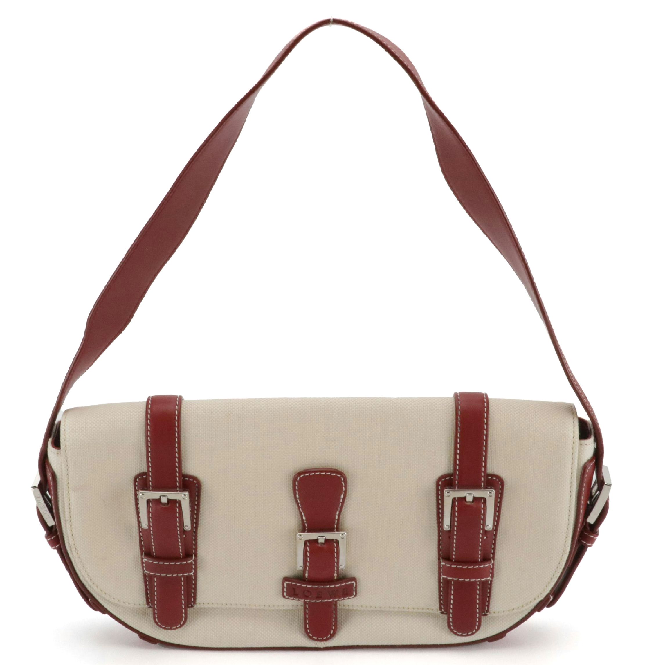 Loewe Buckle Flap Shoulder Bag in Neutral Canvas and Brick Red Calfskin Leather