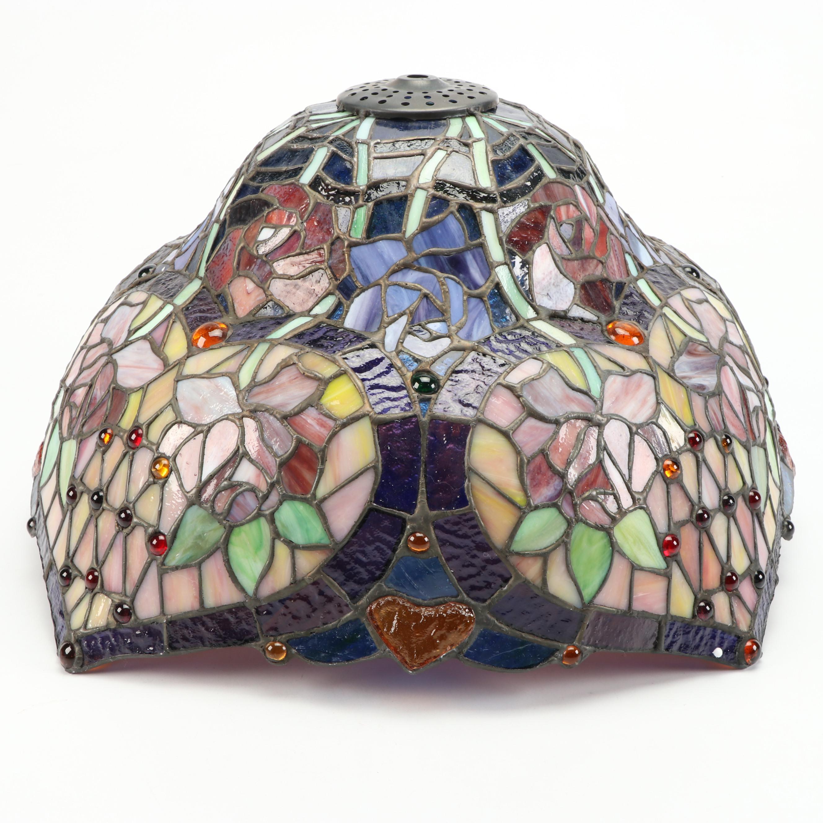 Art Nouveau Style Iridescent and Slag Glass Heart Panels Lamp Shade