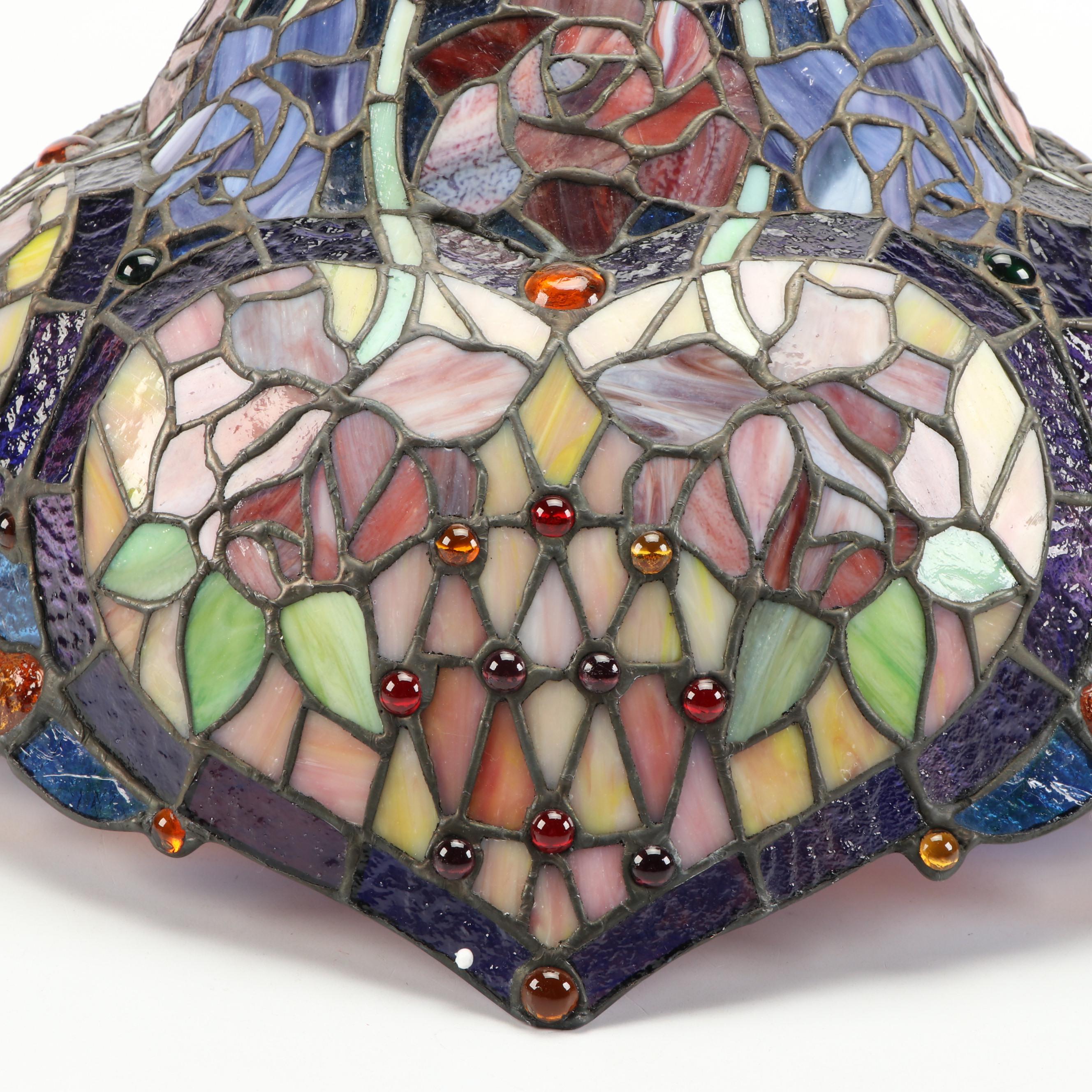Art Nouveau Style Iridescent and Slag Glass Heart Panels Lamp Shade