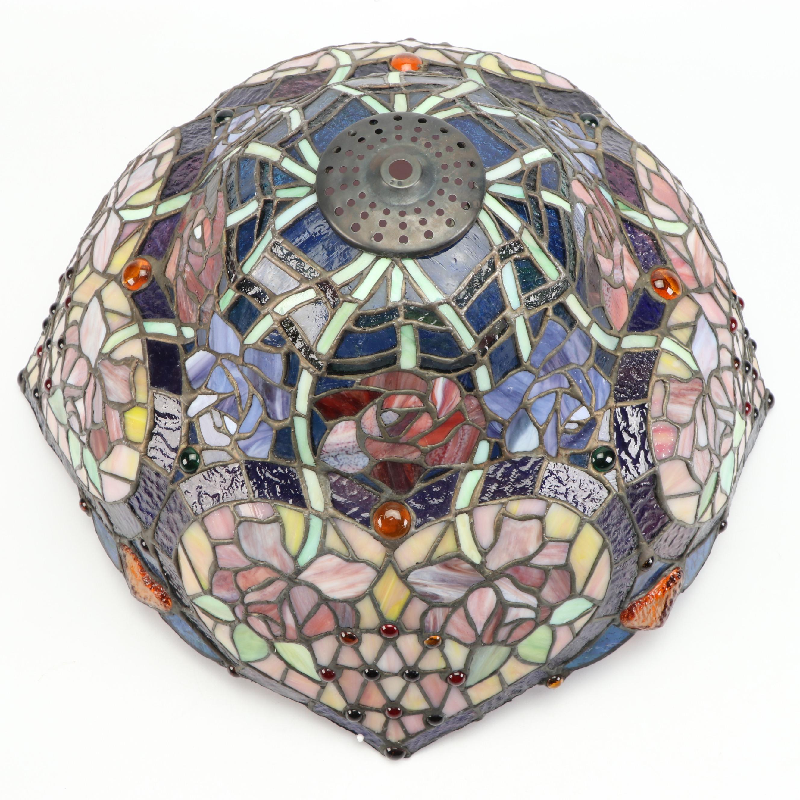 Art Nouveau Style Iridescent and Slag Glass Heart Panels Lamp Shade