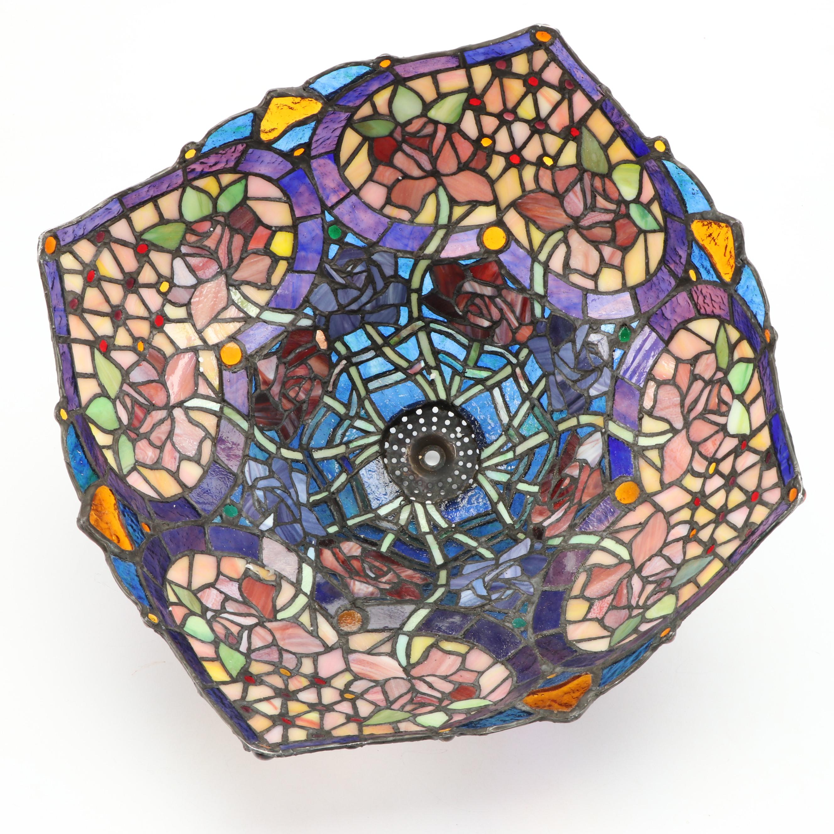 Art Nouveau Style Iridescent and Slag Glass Heart Panels Lamp Shade