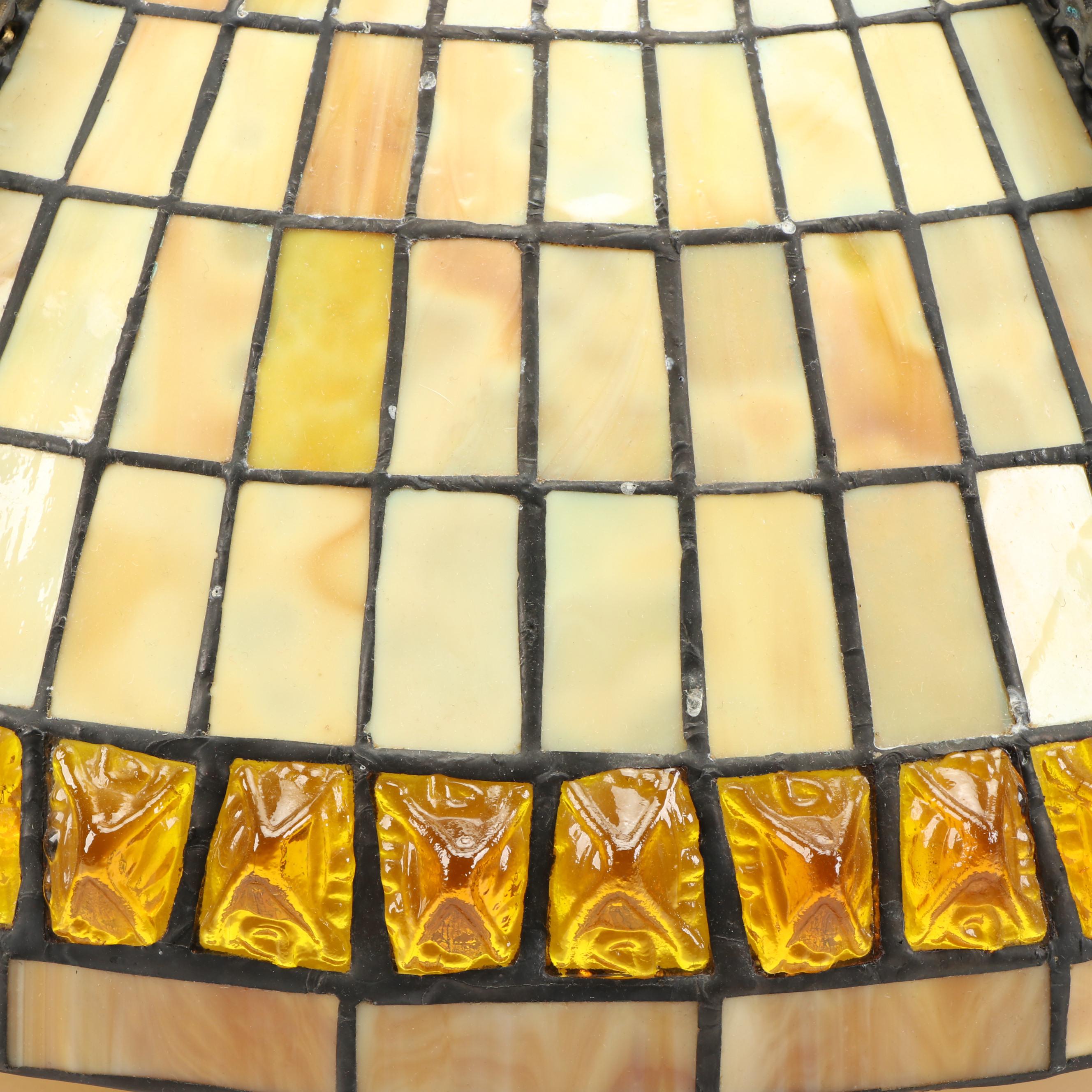 Arts & Crafts Style Slag Glass and Open Scrollwork Lamp Shade