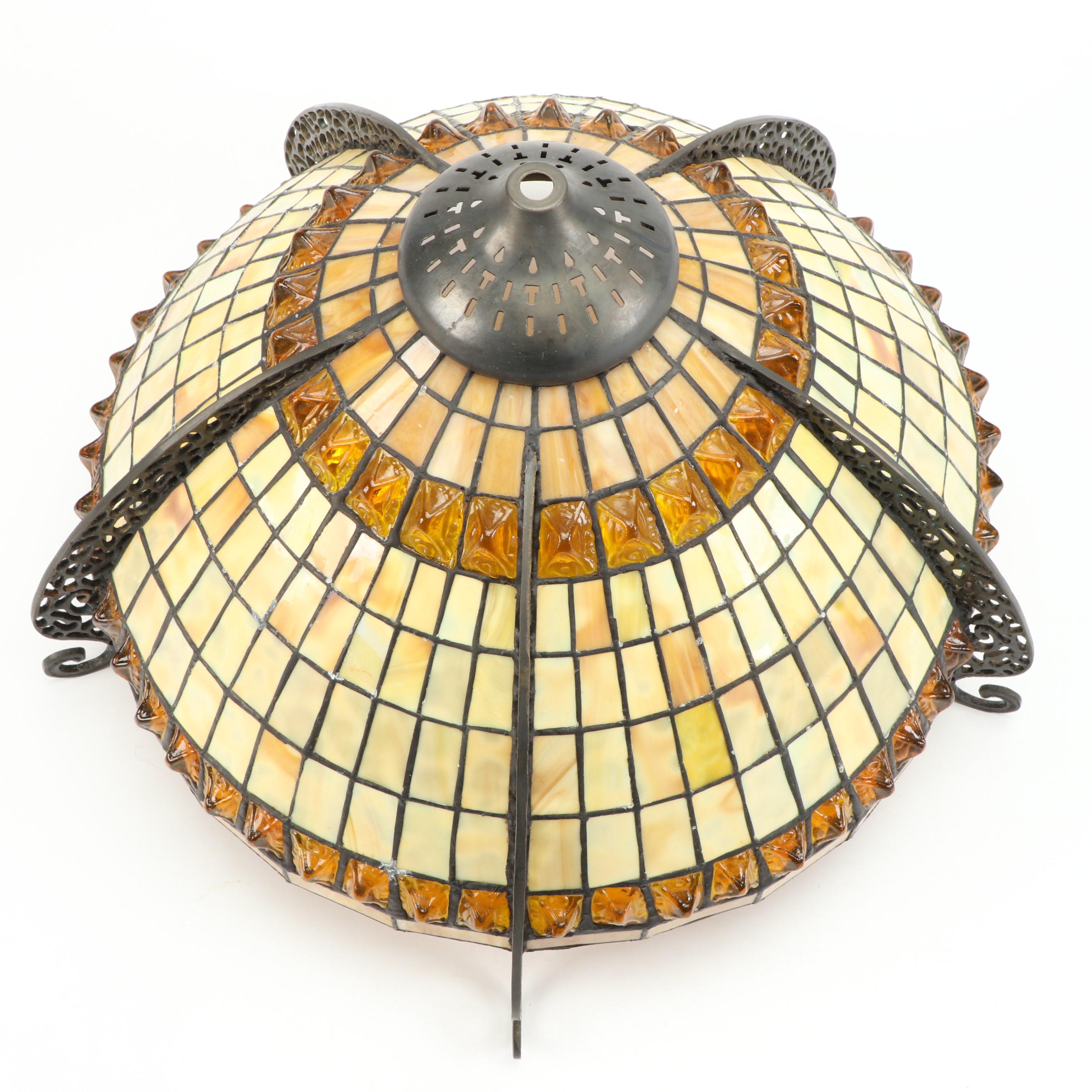 Arts & Crafts Style Slag Glass and Open Scrollwork Lamp Shade