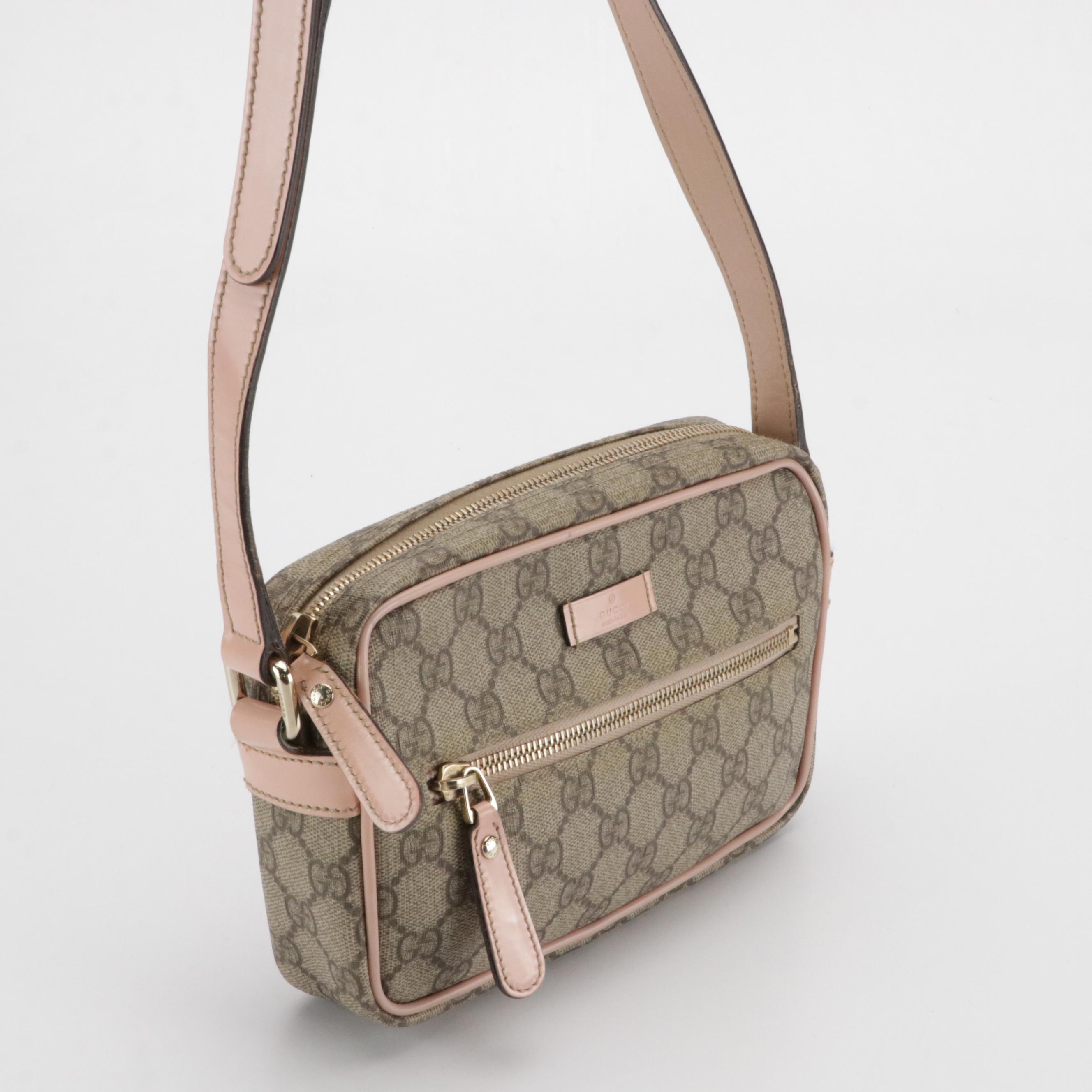 Gucci Front Zip Camera Bag GG Supreme Canvas and Light Pink Leather