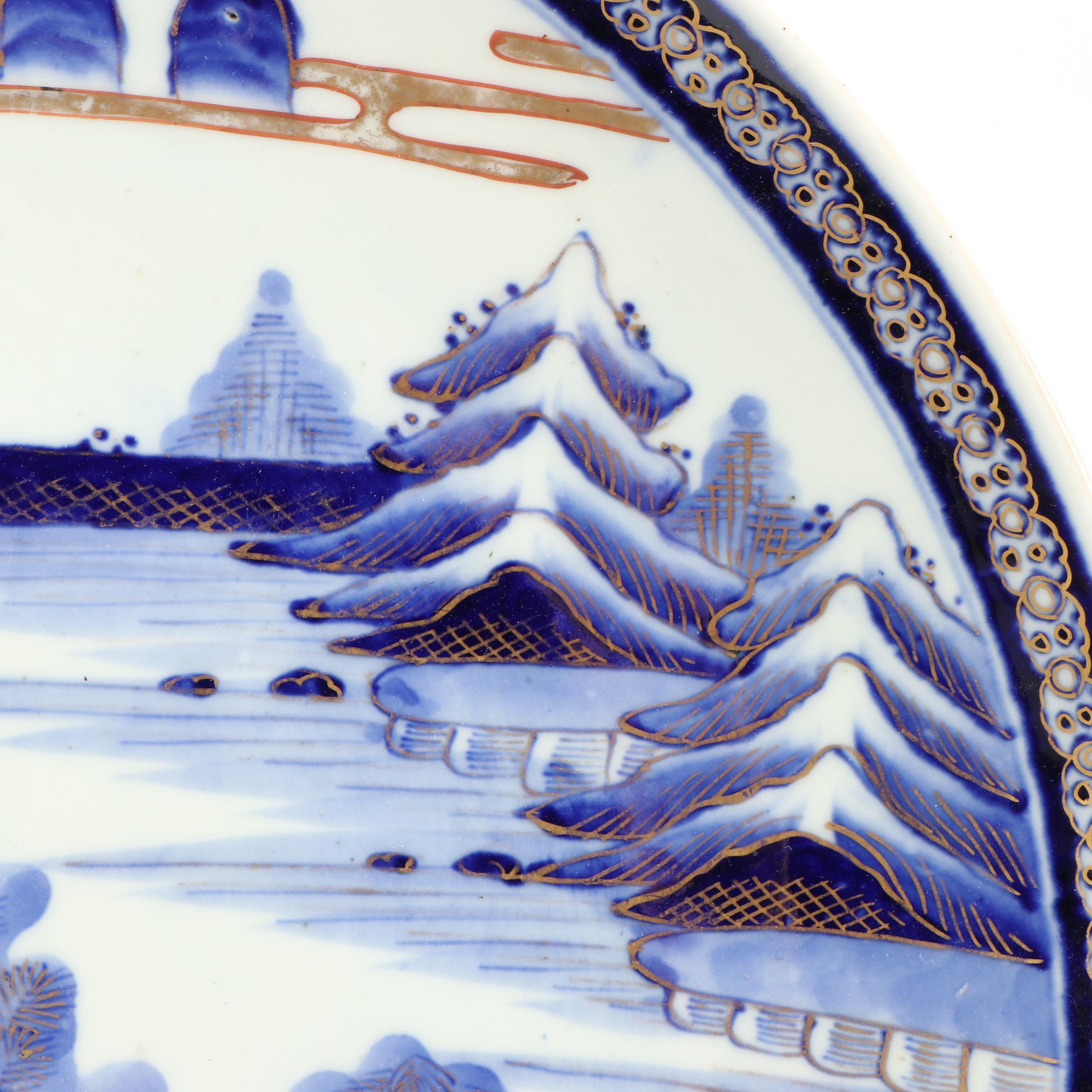 Japanese Blue and White Gold Gilt Landscape Porcelain Chargers