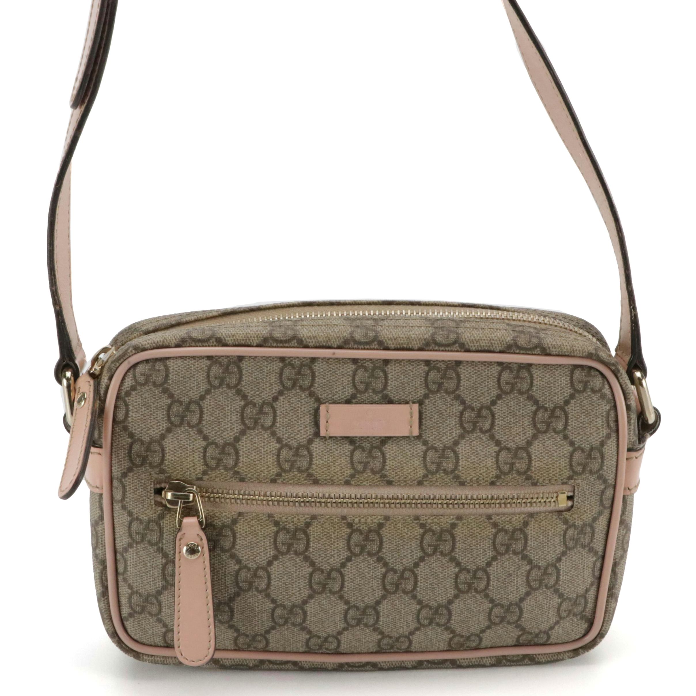 Gucci Front Zip Camera Bag GG Supreme Canvas and Light Pink Leather