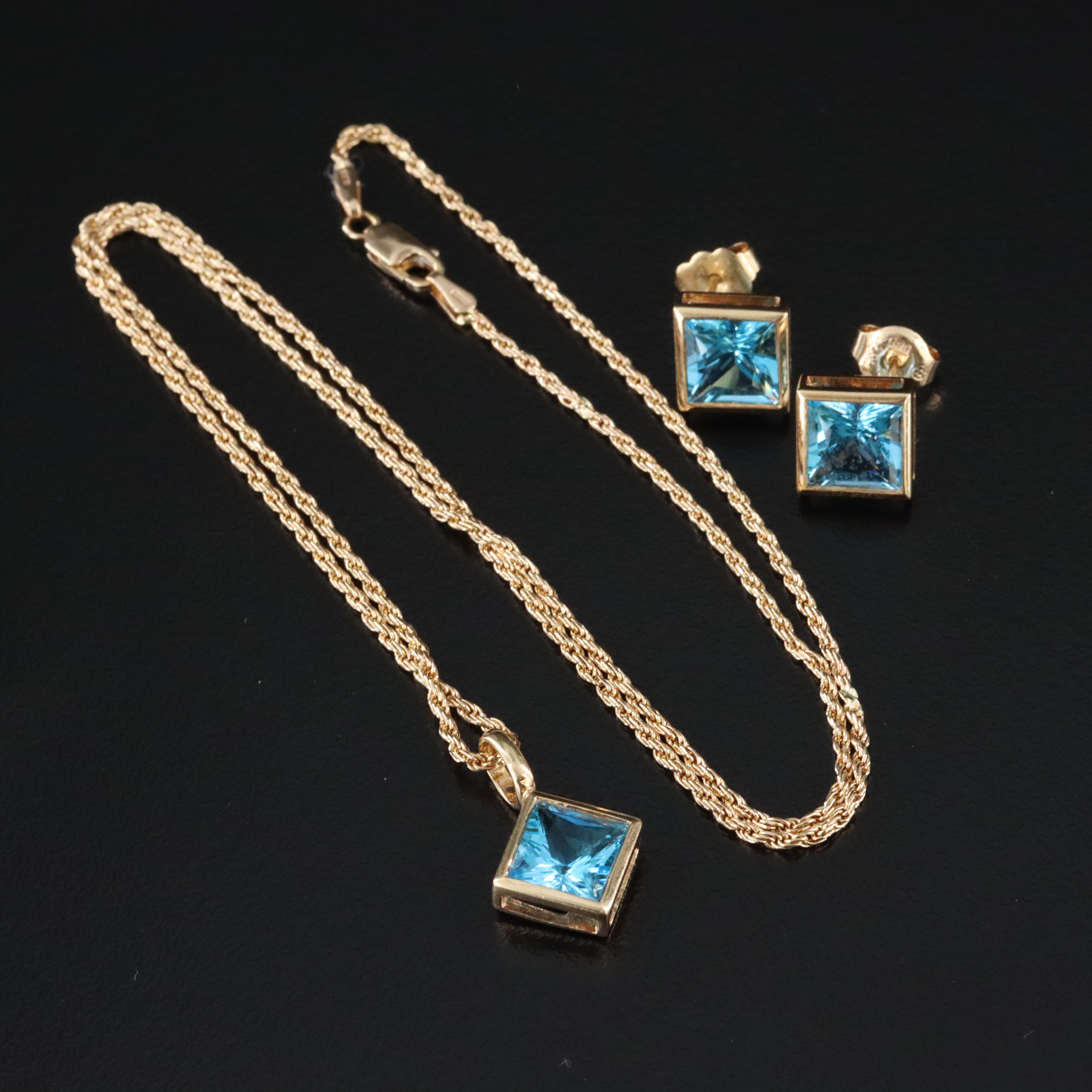 14K Swiss Blue Topaz Pendant Necklace and Earrings