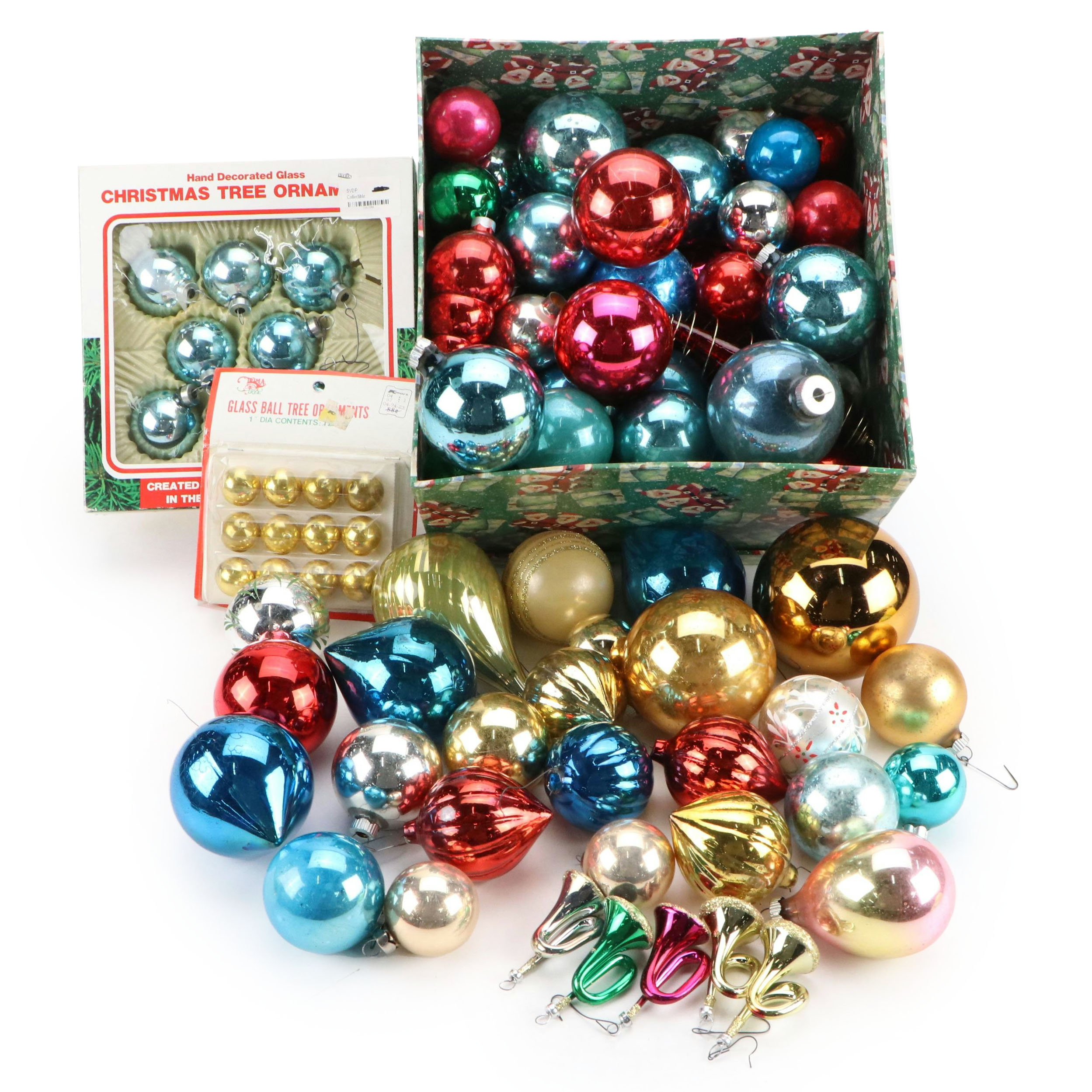 Shiny Brite and More Vintage Christmas Ornaments with Santa Gift Box