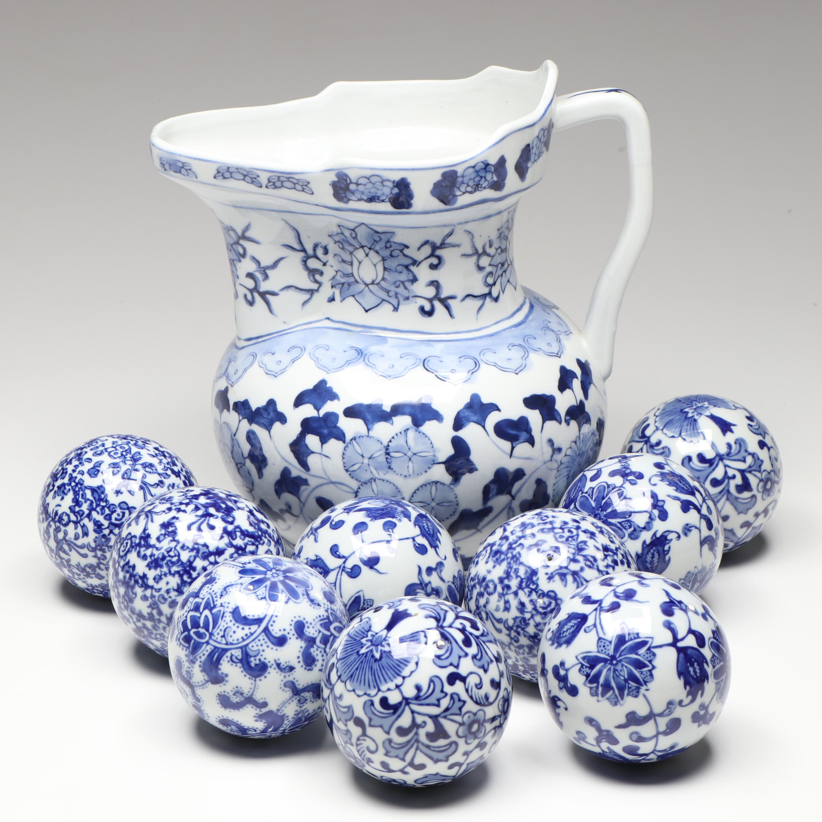 Blue and White Floral Ceramic Pitcher Vase with Carpet Balls