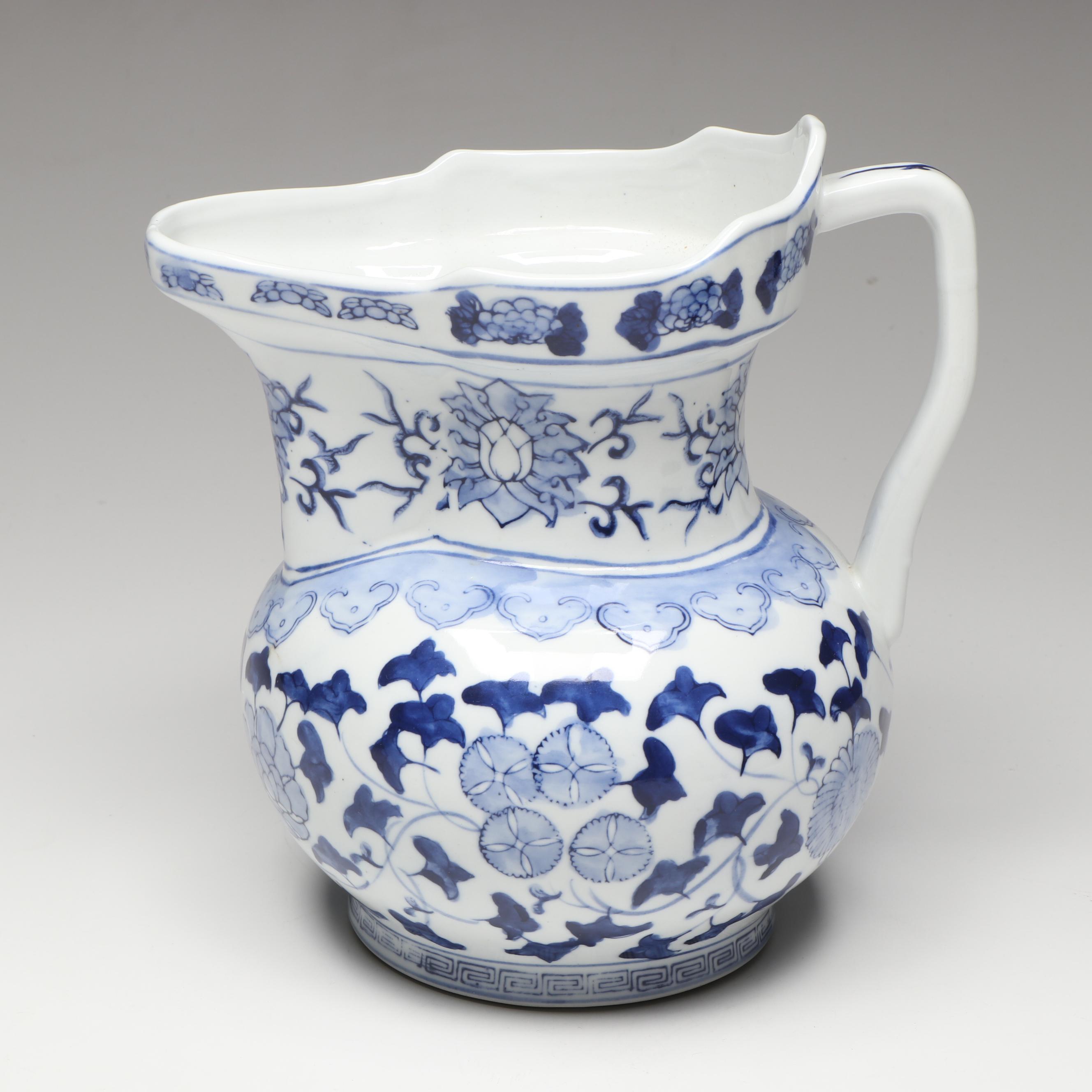 Blue and White Floral Ceramic Pitcher Vase with Carpet Balls