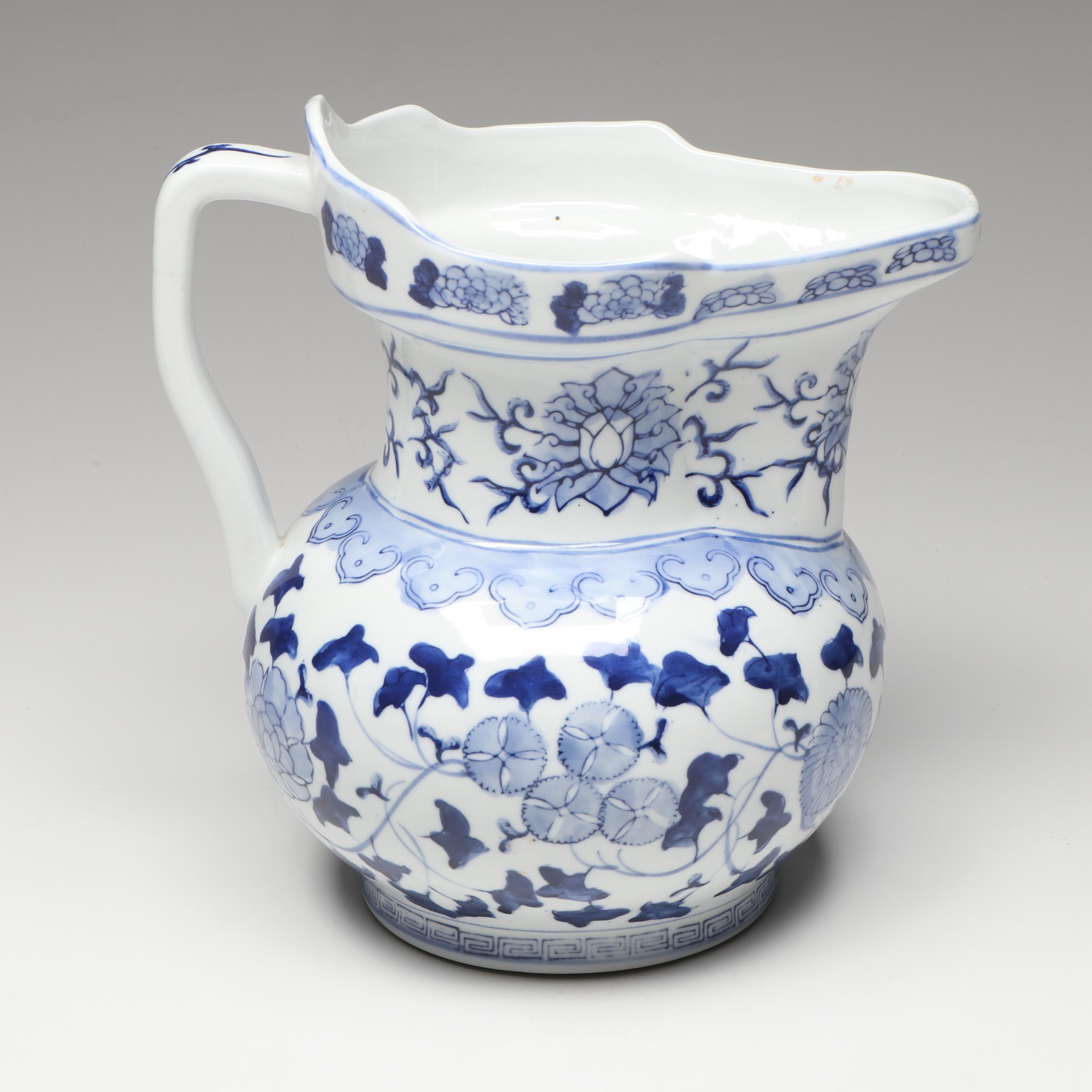 Blue and White Floral Ceramic Pitcher Vase with Carpet Balls