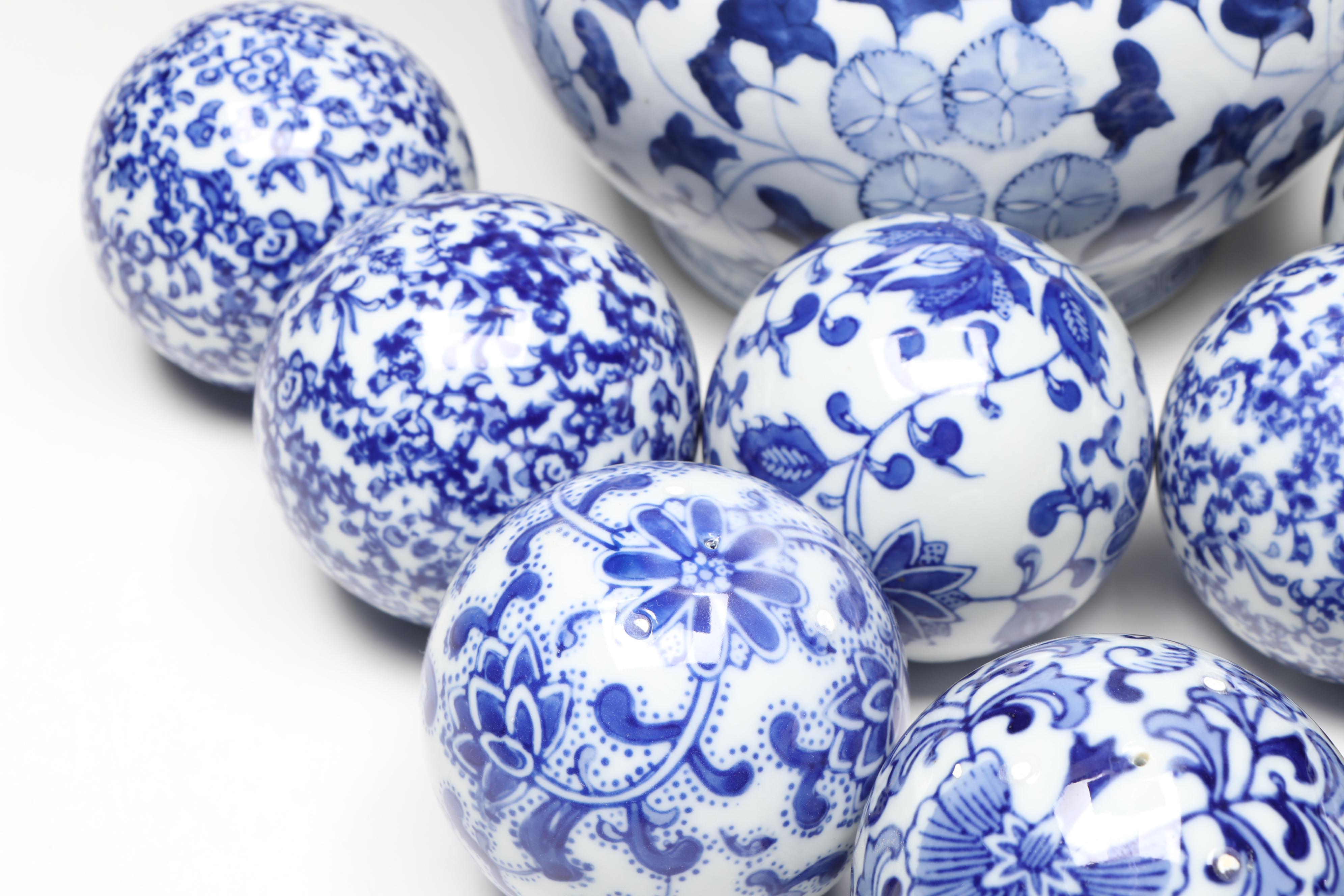 Blue and White Floral Ceramic Pitcher Vase with Carpet Balls