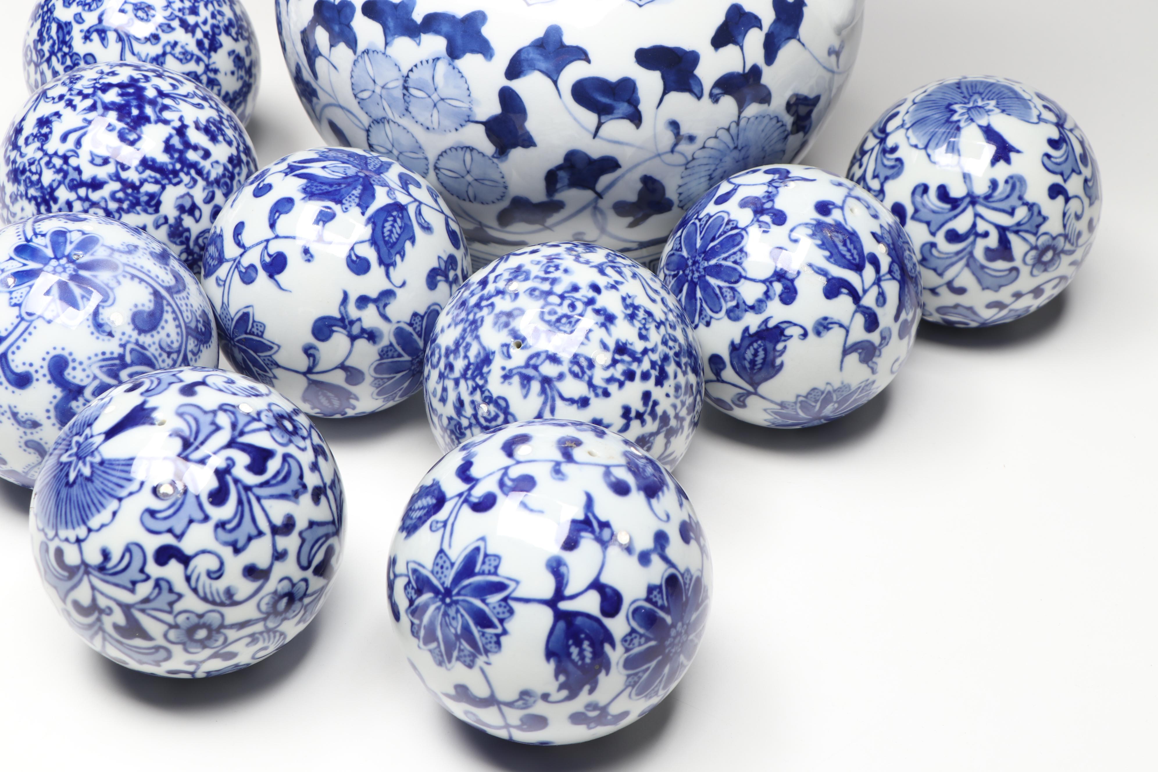 Blue and White Floral Ceramic Pitcher Vase with Carpet Balls