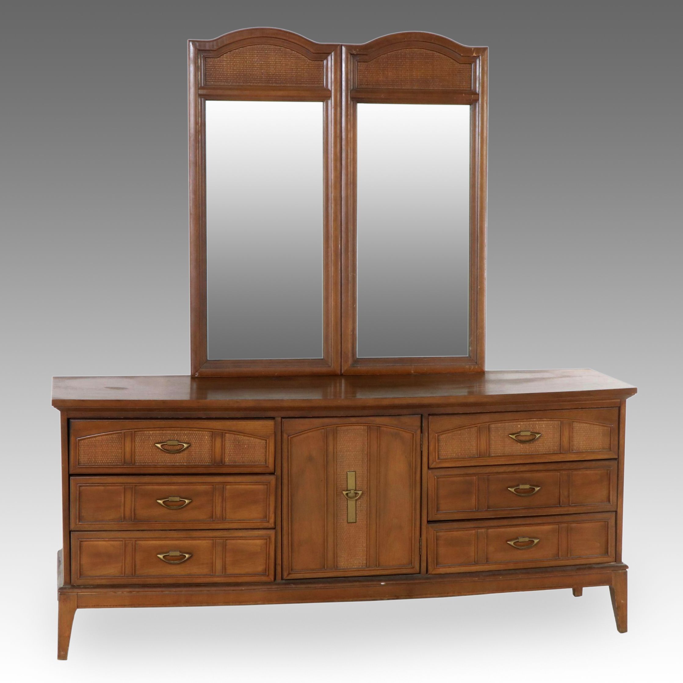 Mid Century Modern Walnut Dresser with Double Mirror
