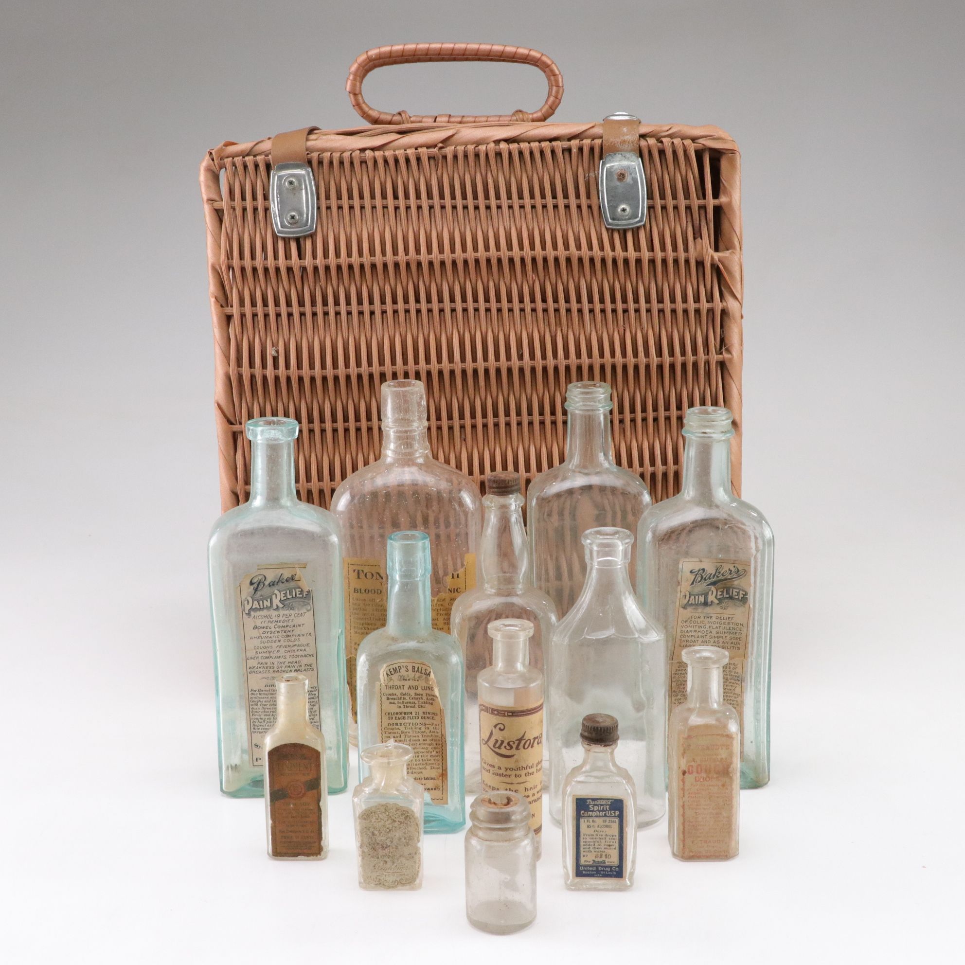 Apothecary Bottles for Colds, Pain and Ailments with Wicker Picnic Basket