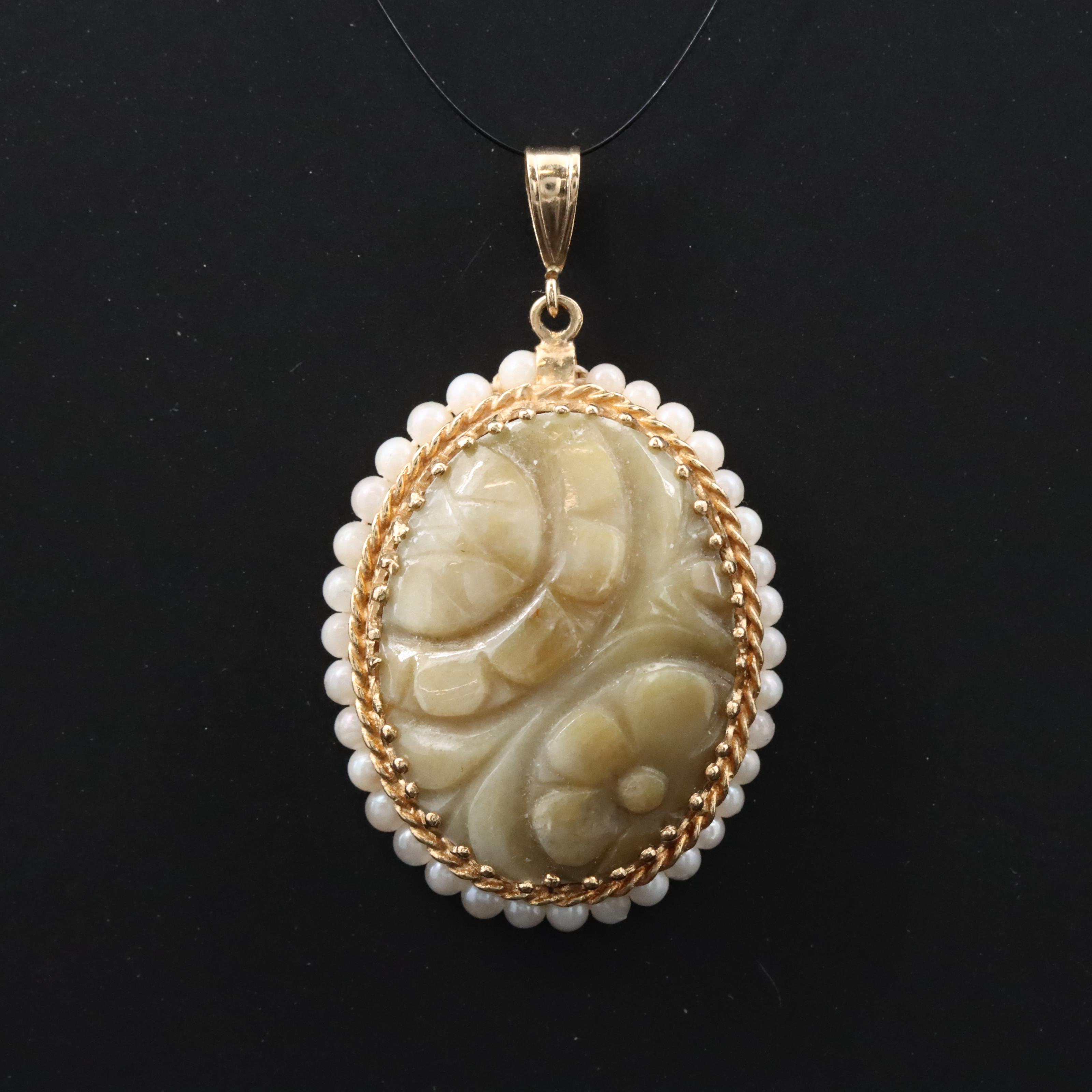 14K Carved Jadeite and Pearl Pendant
