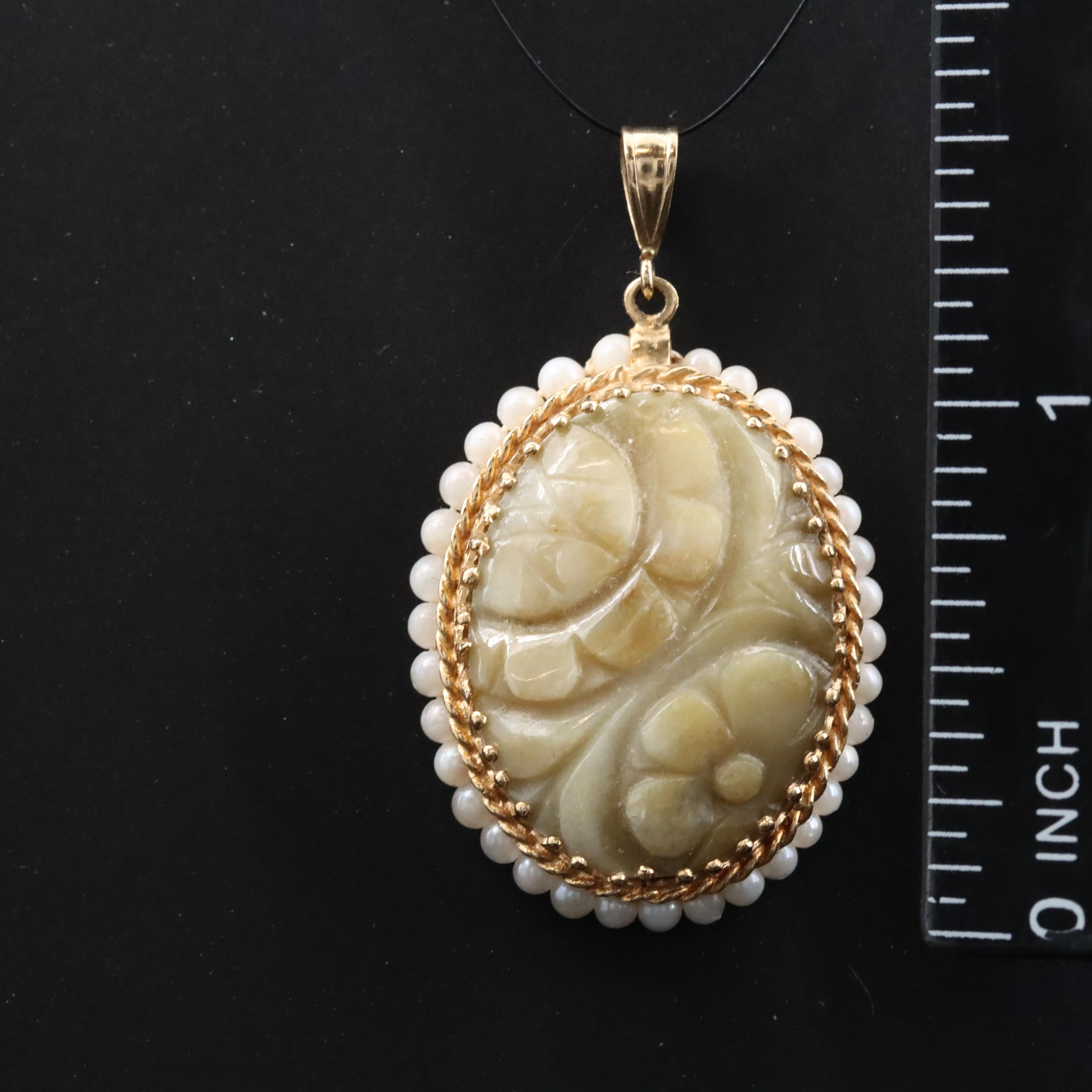 14K Carved Jadeite and Pearl Pendant