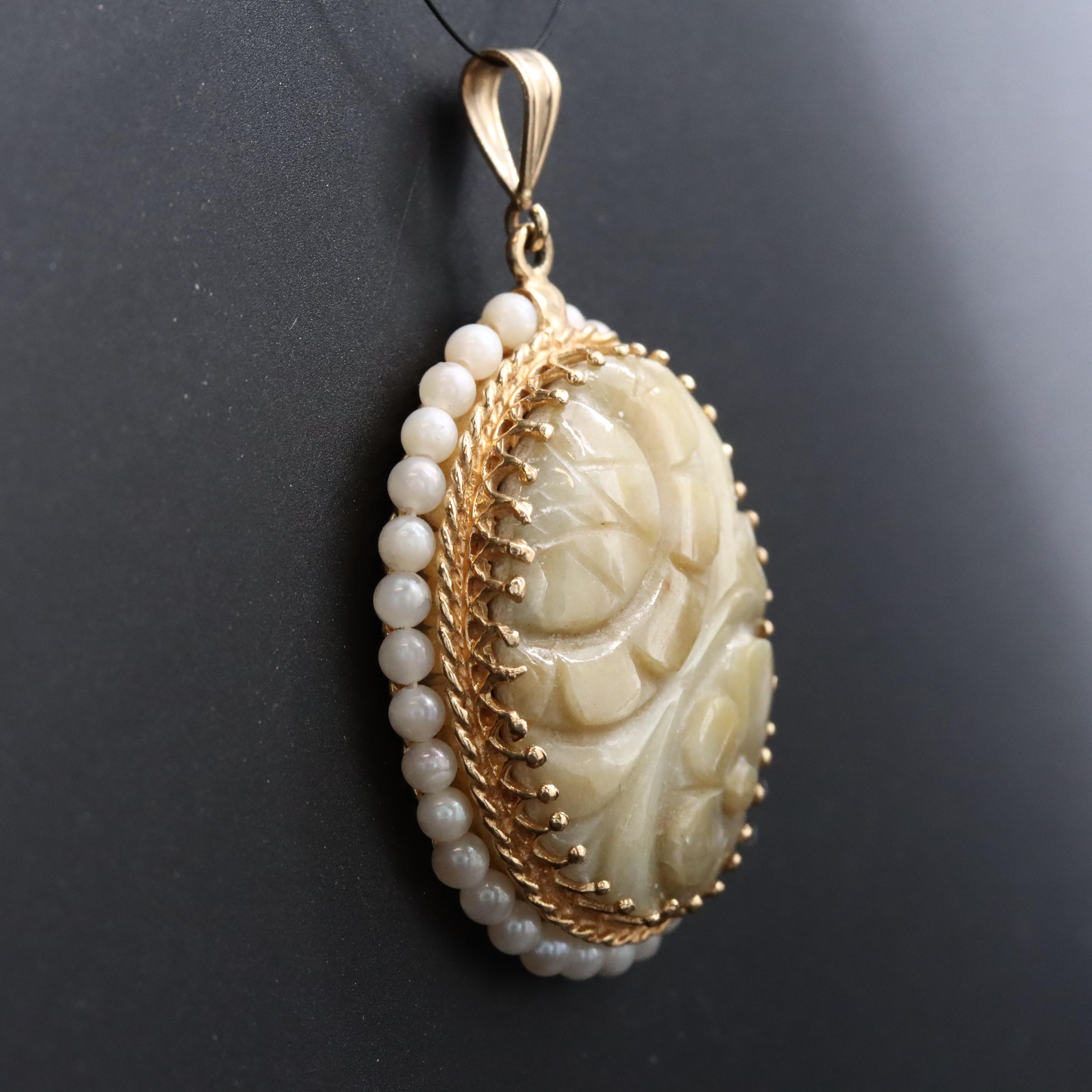 14K Carved Jadeite and Pearl Pendant