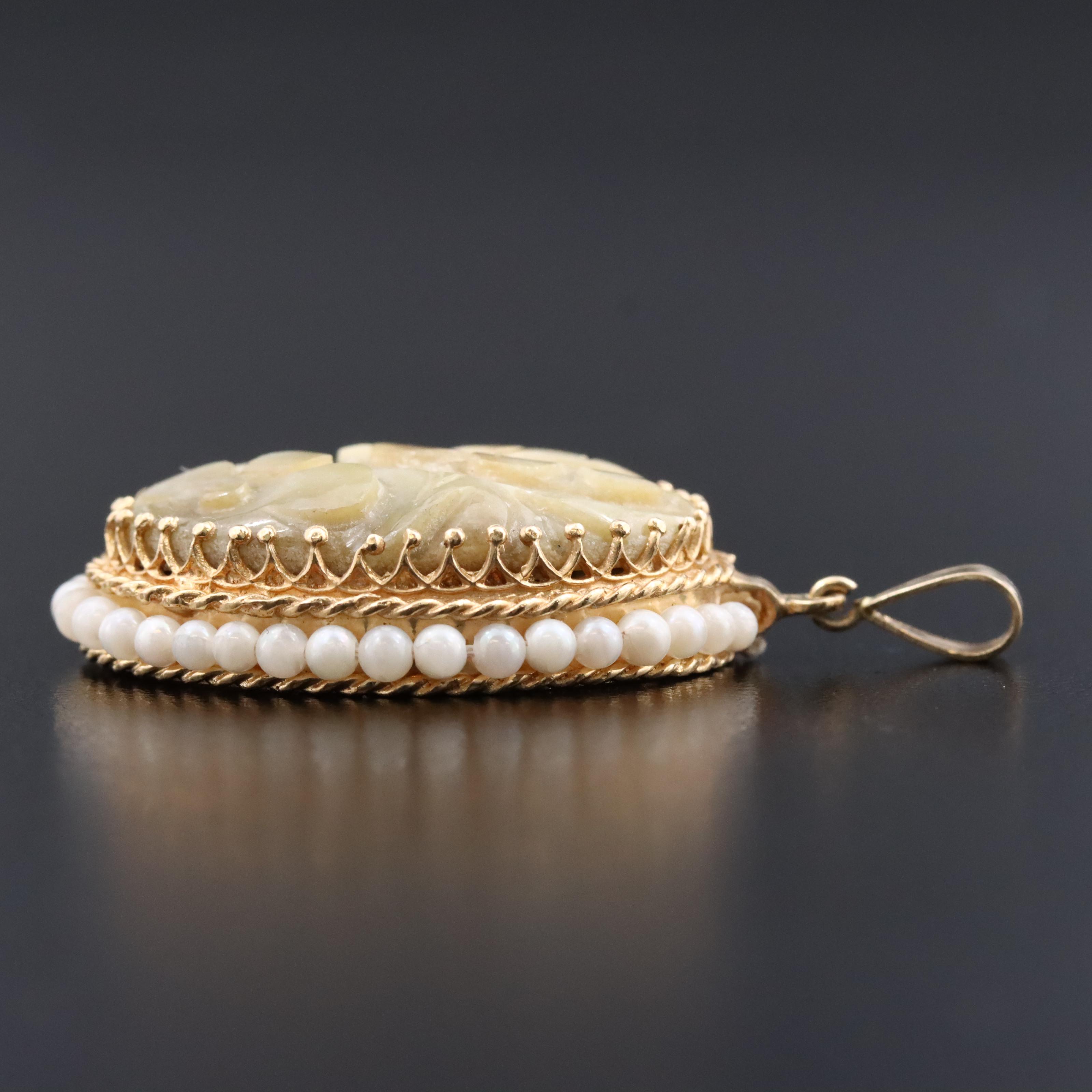 14K Carved Jadeite and Pearl Pendant
