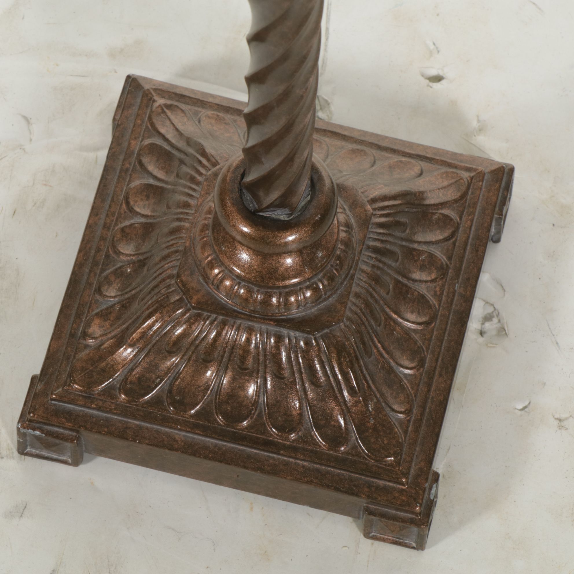 Bronzed Metal Spiral and Travertine Orb Candlesticks