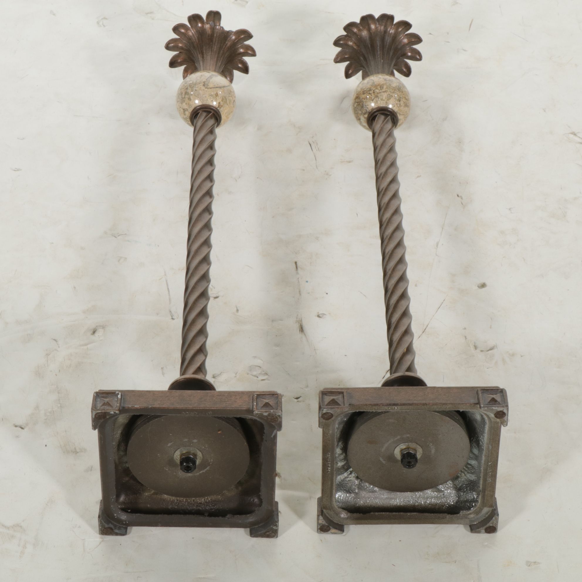 Bronzed Metal Spiral and Travertine Orb Candlesticks