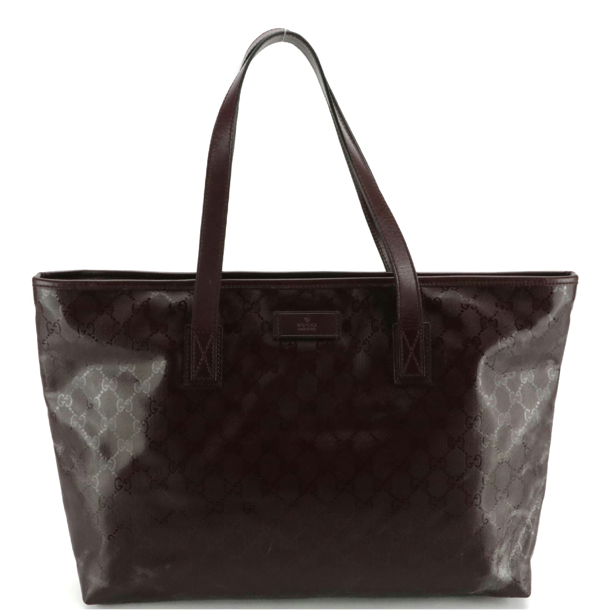 Gucci GG Imprime Tote in Burgundy Coated Canvas with Leather Trim