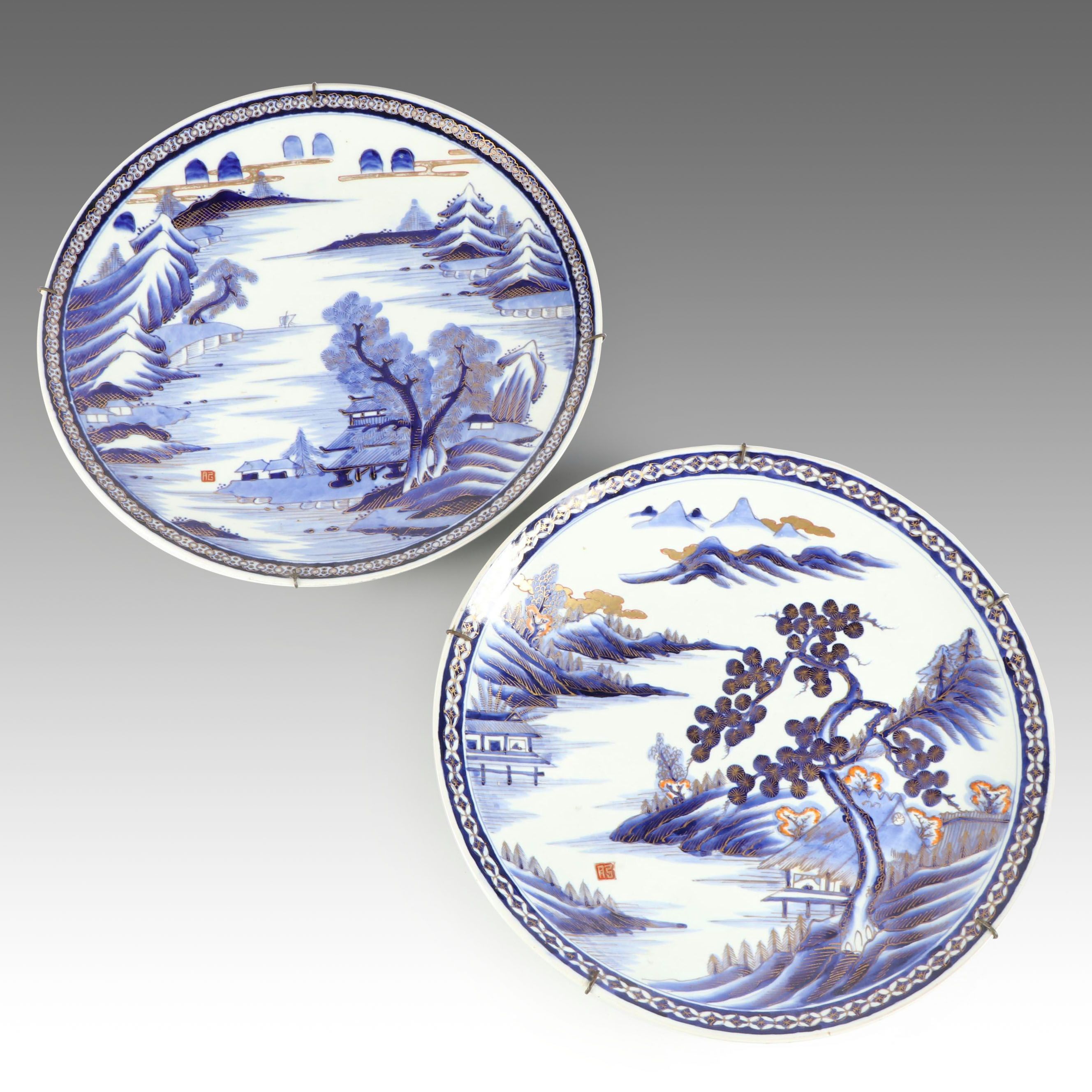 Japanese Blue and White Gold Gilt Landscape Porcelain Chargers