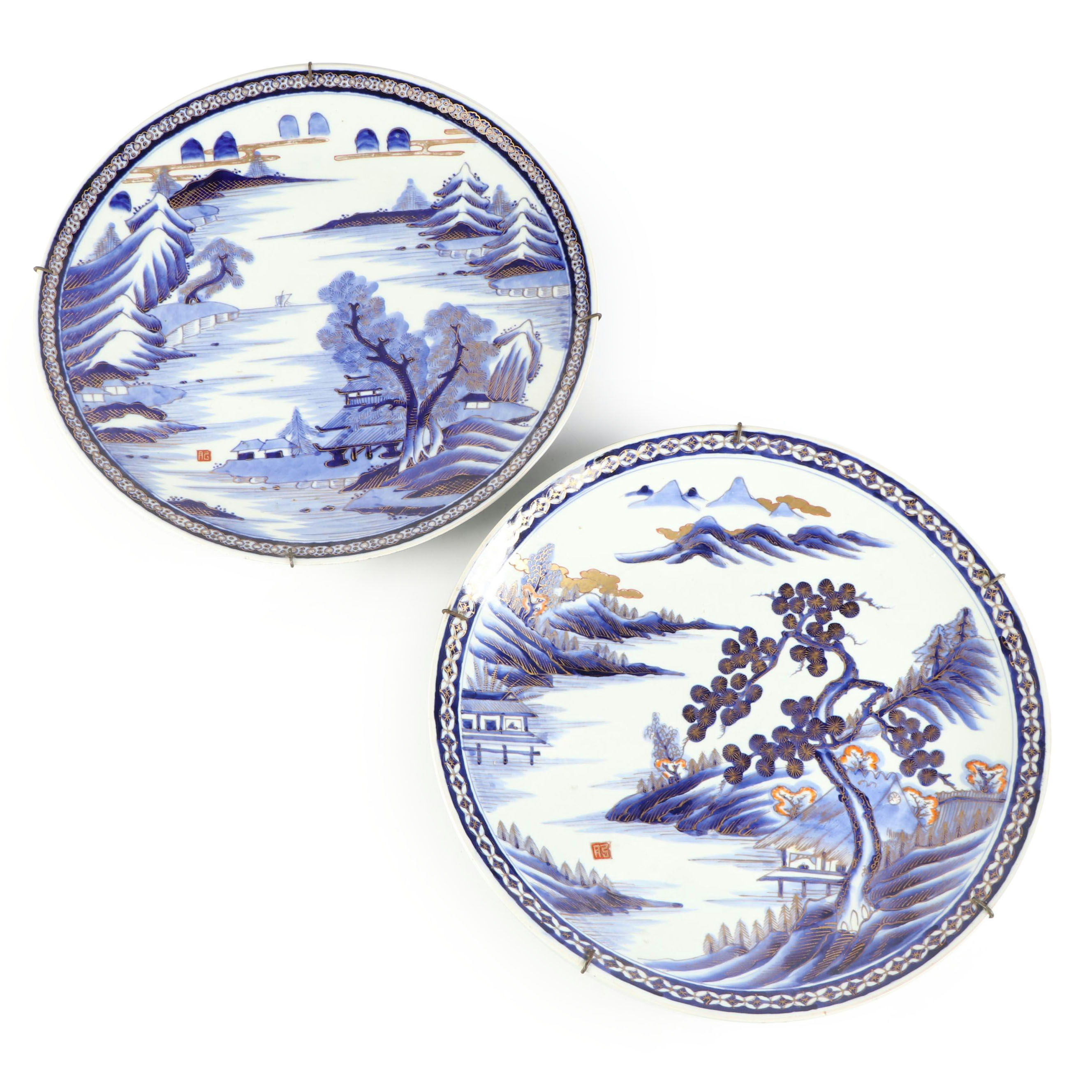Japanese Blue and White Gold Gilt Landscape Porcelain Chargers