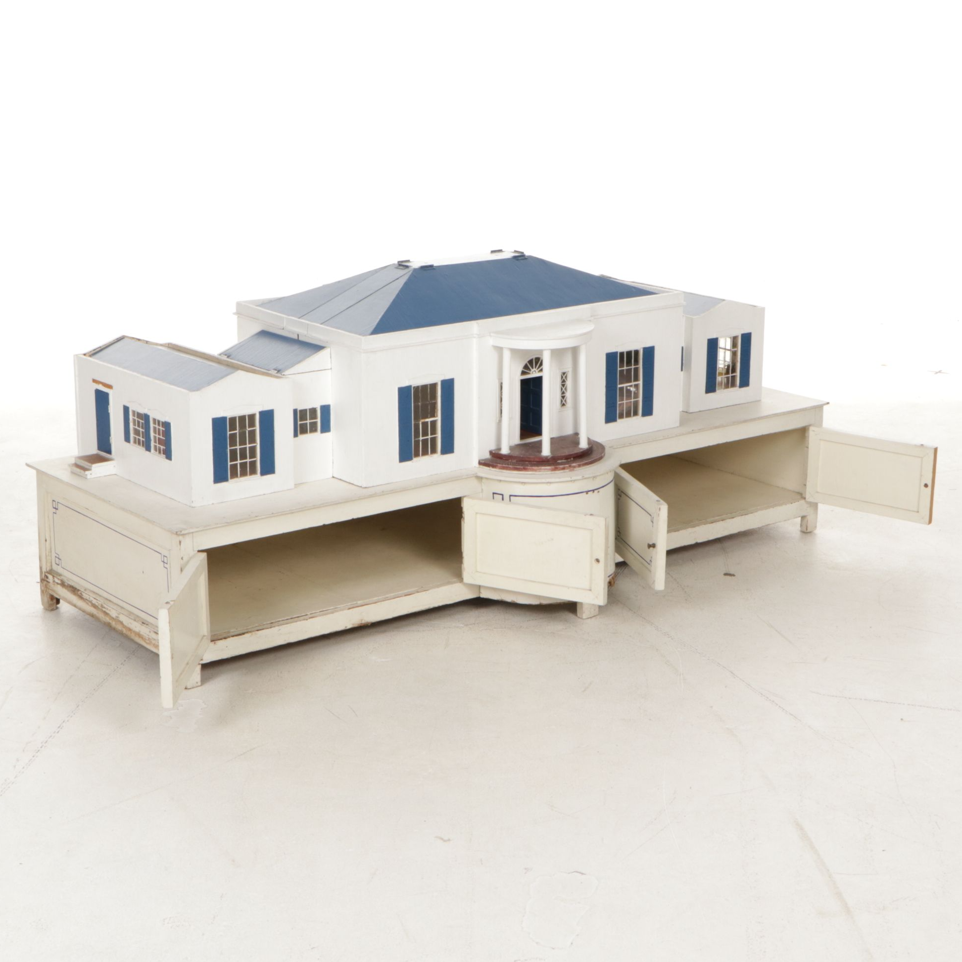 Furnished White and Cobalt Painted Wooden Dollhouse with Storage Cabinet Base