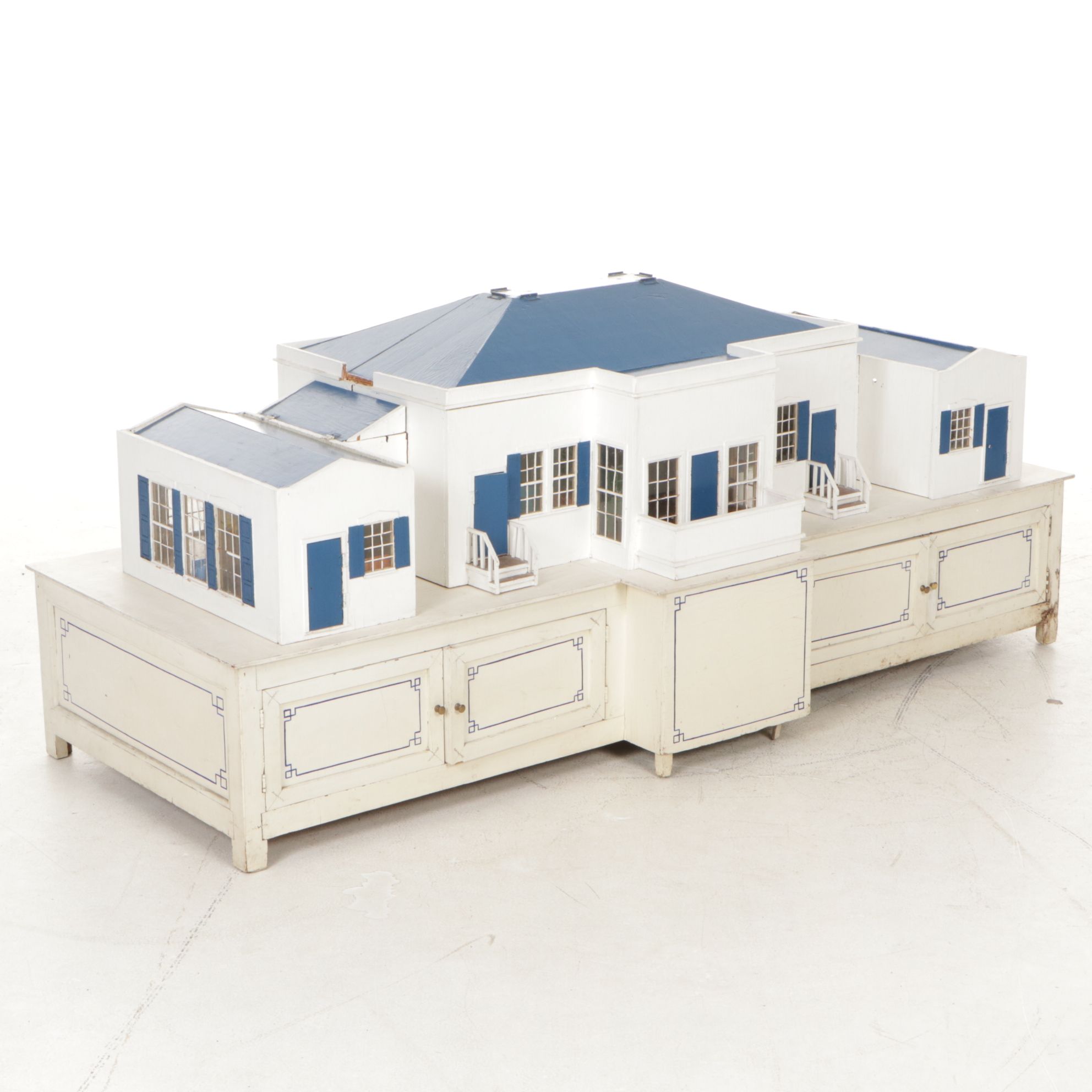 Furnished White and Cobalt Painted Wooden Dollhouse with Storage Cabinet Base
