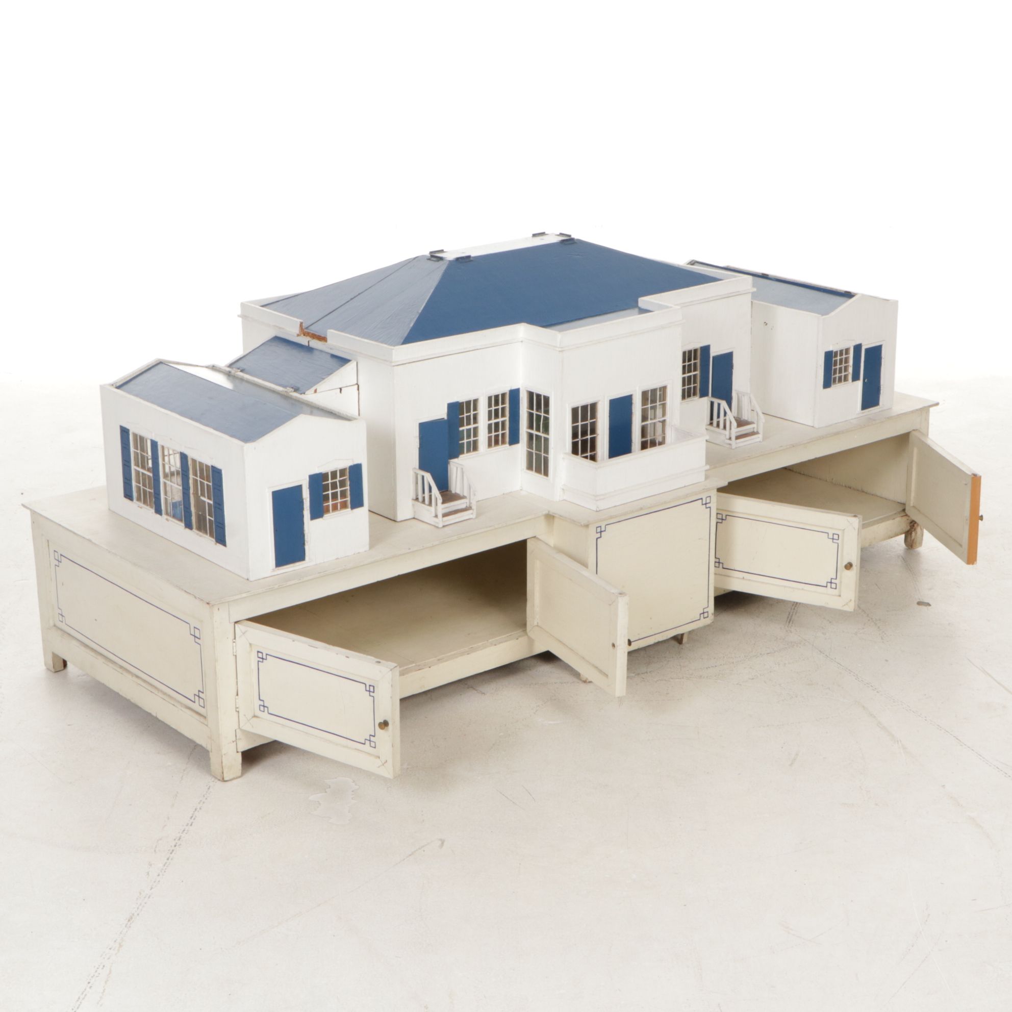 Furnished White and Cobalt Painted Wooden Dollhouse with Storage Cabinet Base