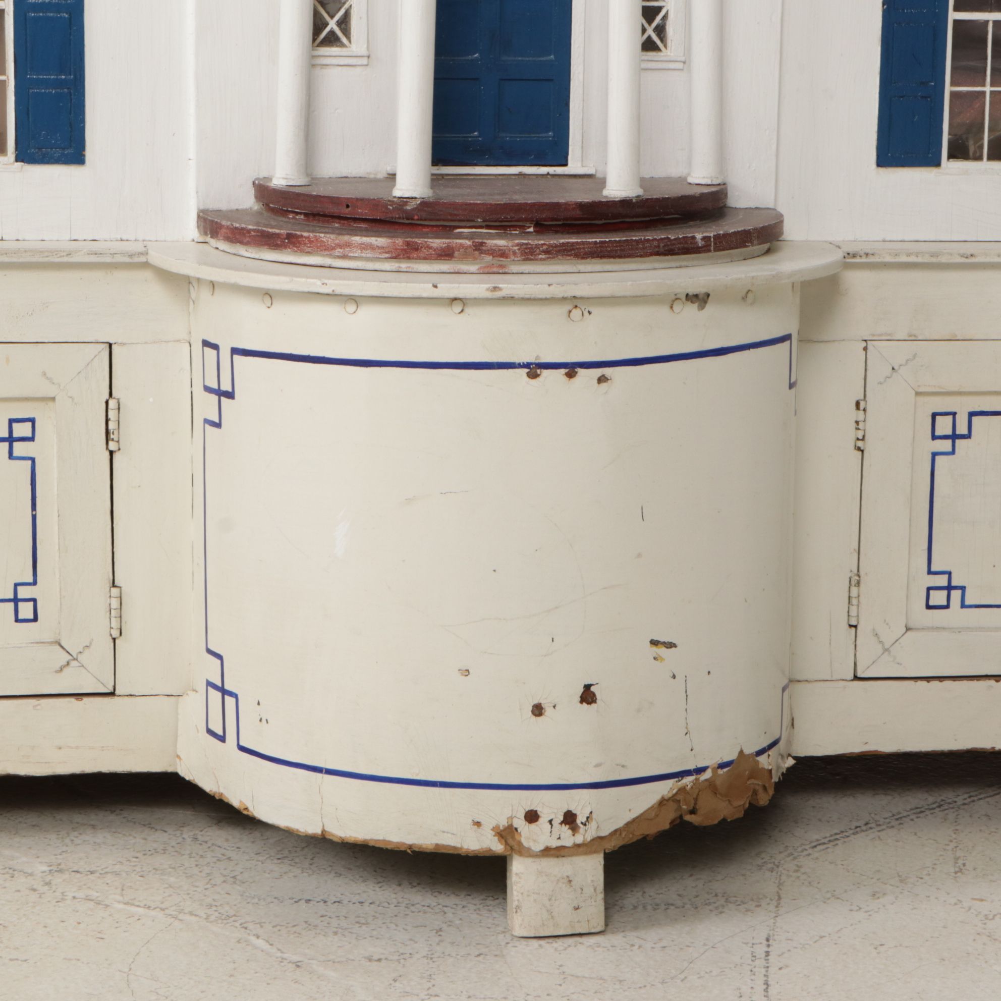 Furnished White and Cobalt Painted Wooden Dollhouse with Storage Cabinet Base