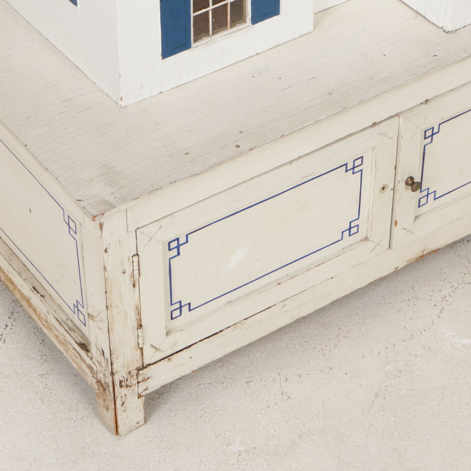 Furnished White and Cobalt Painted Wooden Dollhouse with Storage Cabinet Base