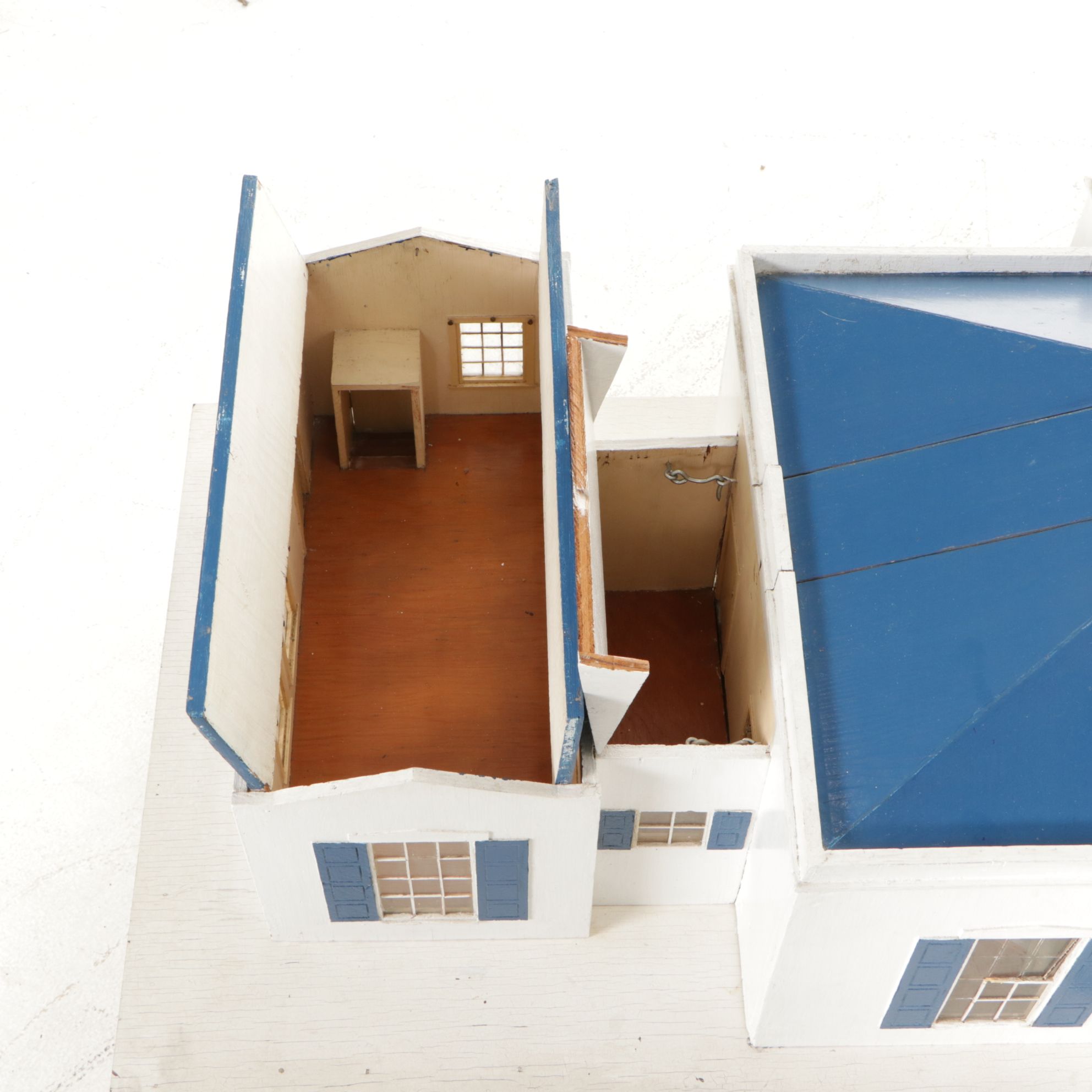 Furnished White and Cobalt Painted Wooden Dollhouse with Storage Cabinet Base