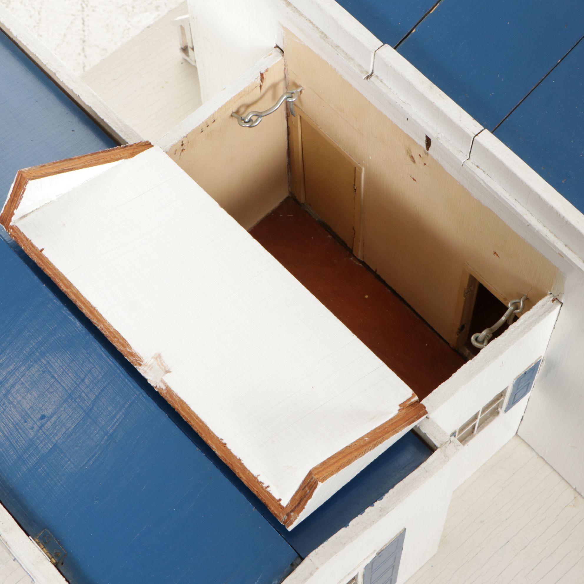 Furnished White and Cobalt Painted Wooden Dollhouse with Storage Cabinet Base