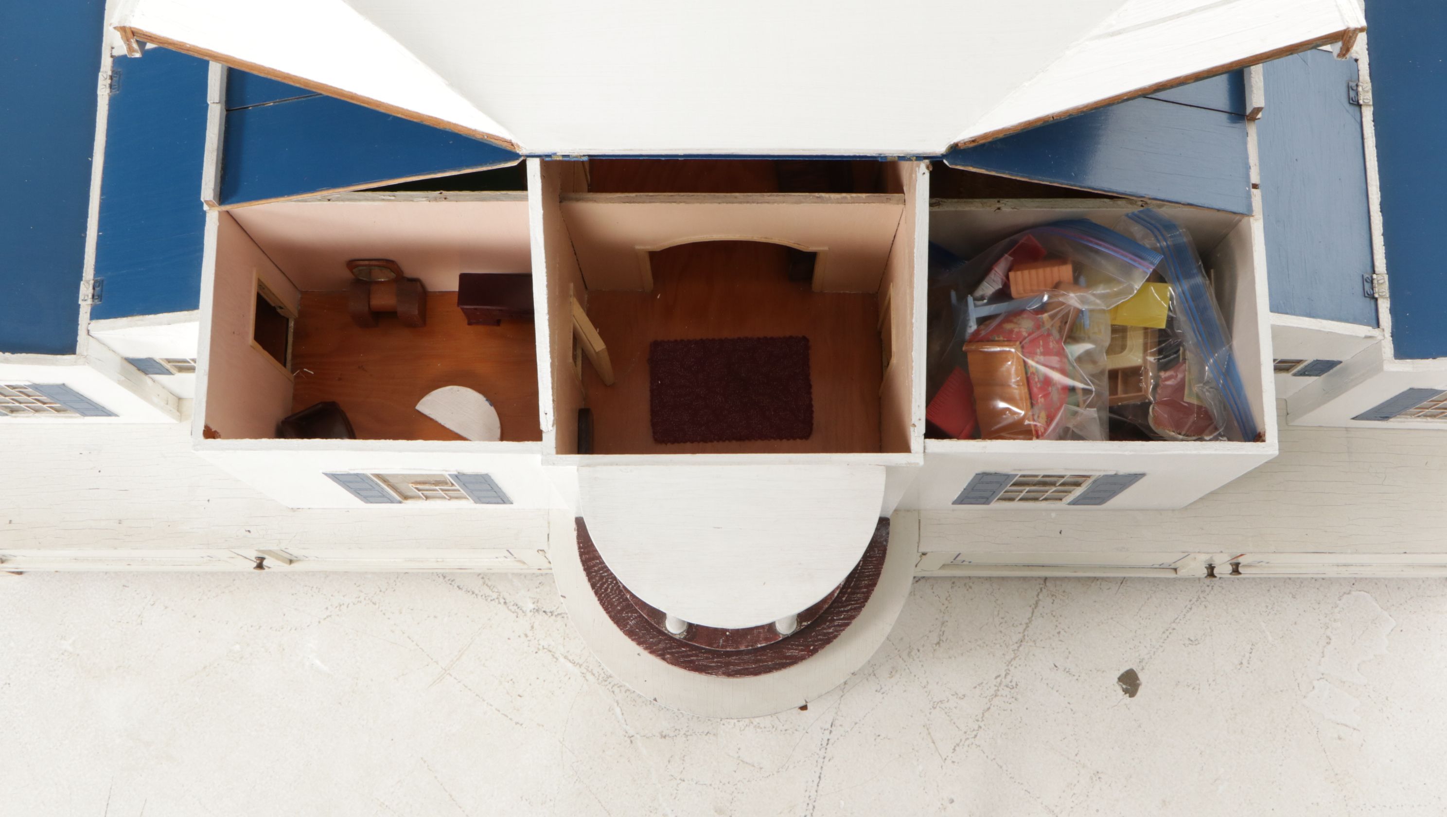 Furnished White and Cobalt Painted Wooden Dollhouse with Storage Cabinet Base