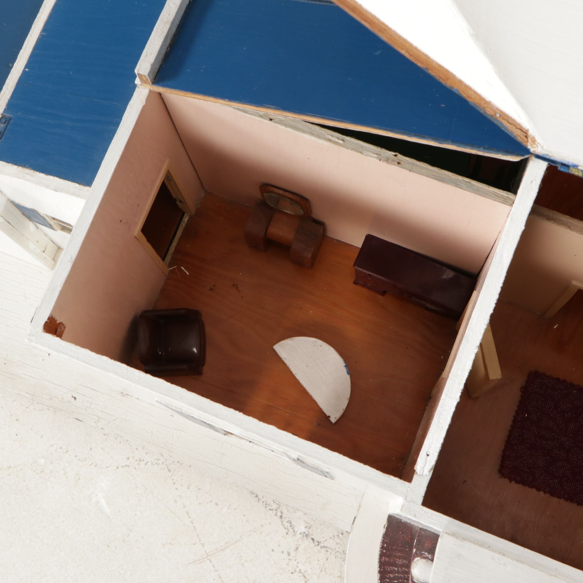 Furnished White and Cobalt Painted Wooden Dollhouse with Storage Cabinet Base