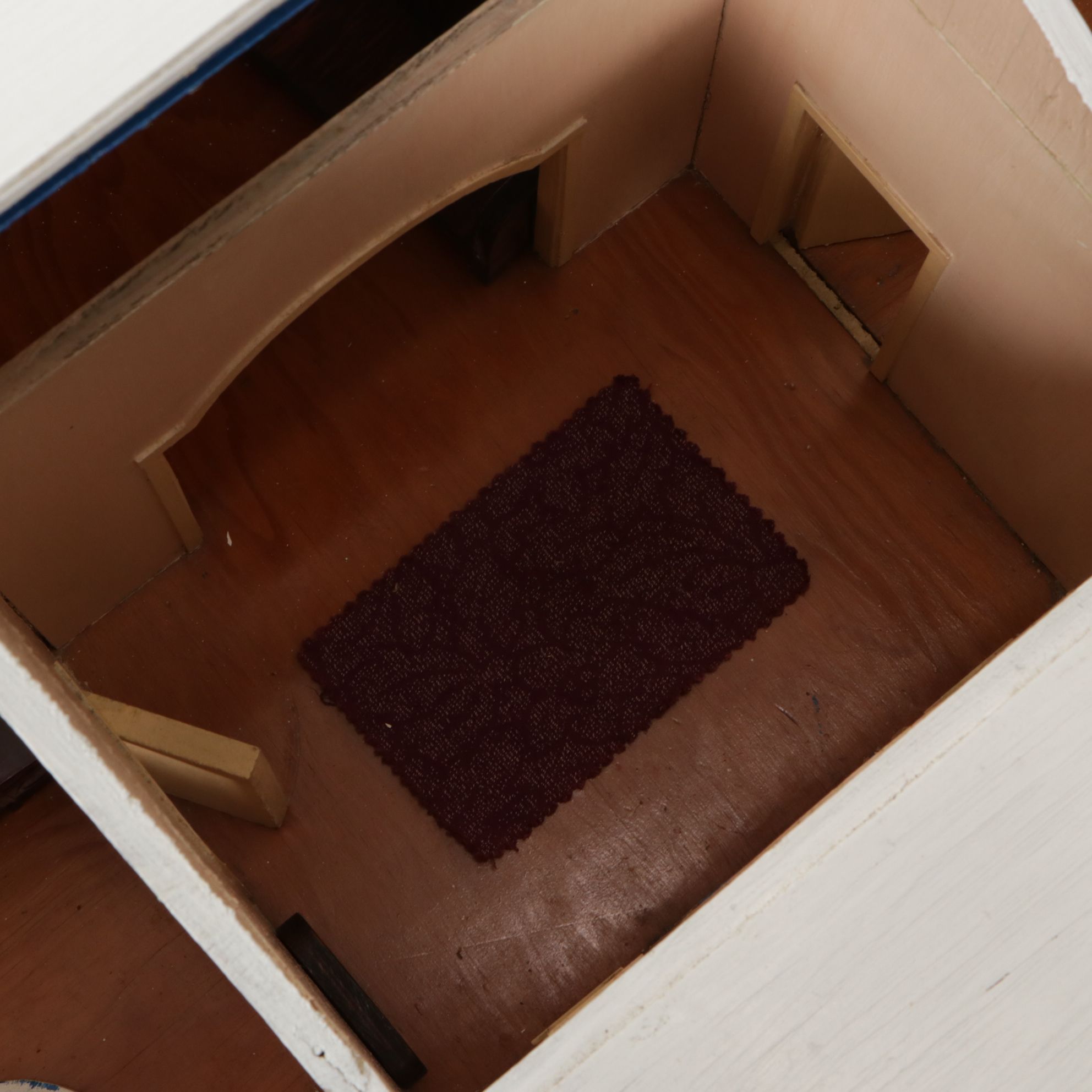 Furnished White and Cobalt Painted Wooden Dollhouse with Storage Cabinet Base