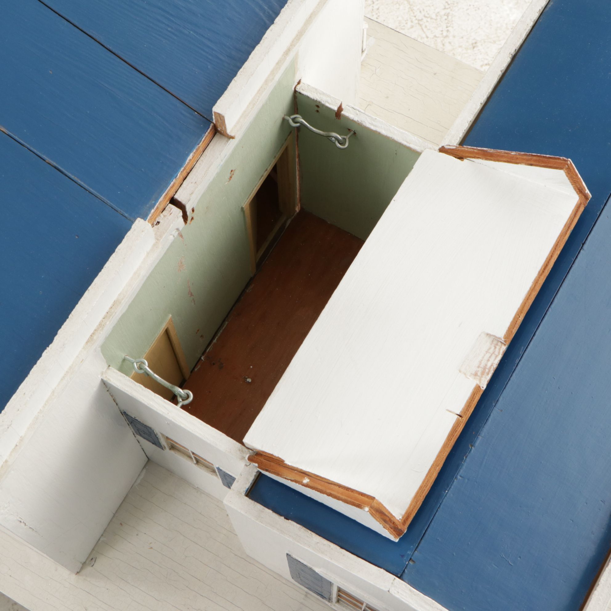 Furnished White and Cobalt Painted Wooden Dollhouse with Storage Cabinet Base