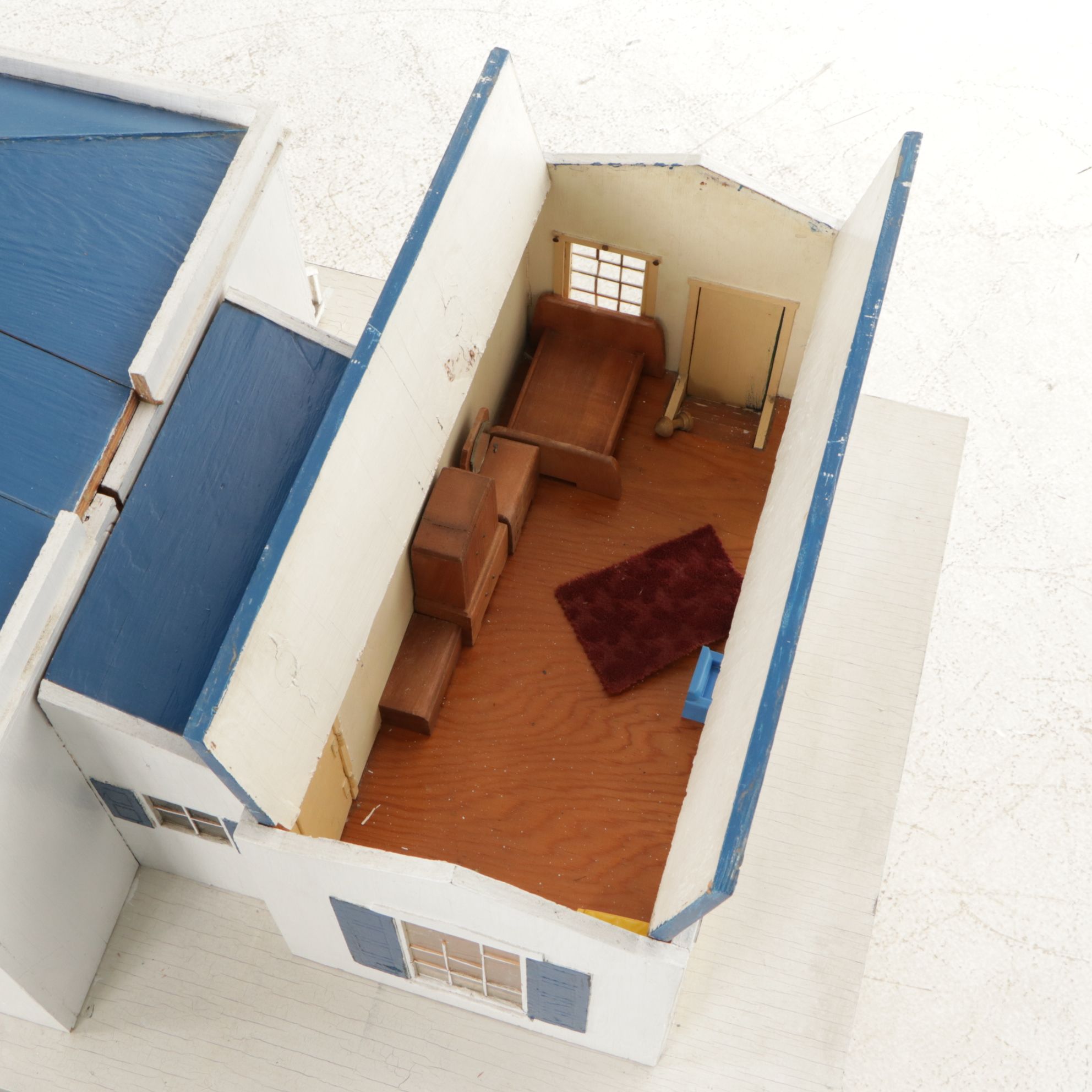 Furnished White and Cobalt Painted Wooden Dollhouse with Storage Cabinet Base