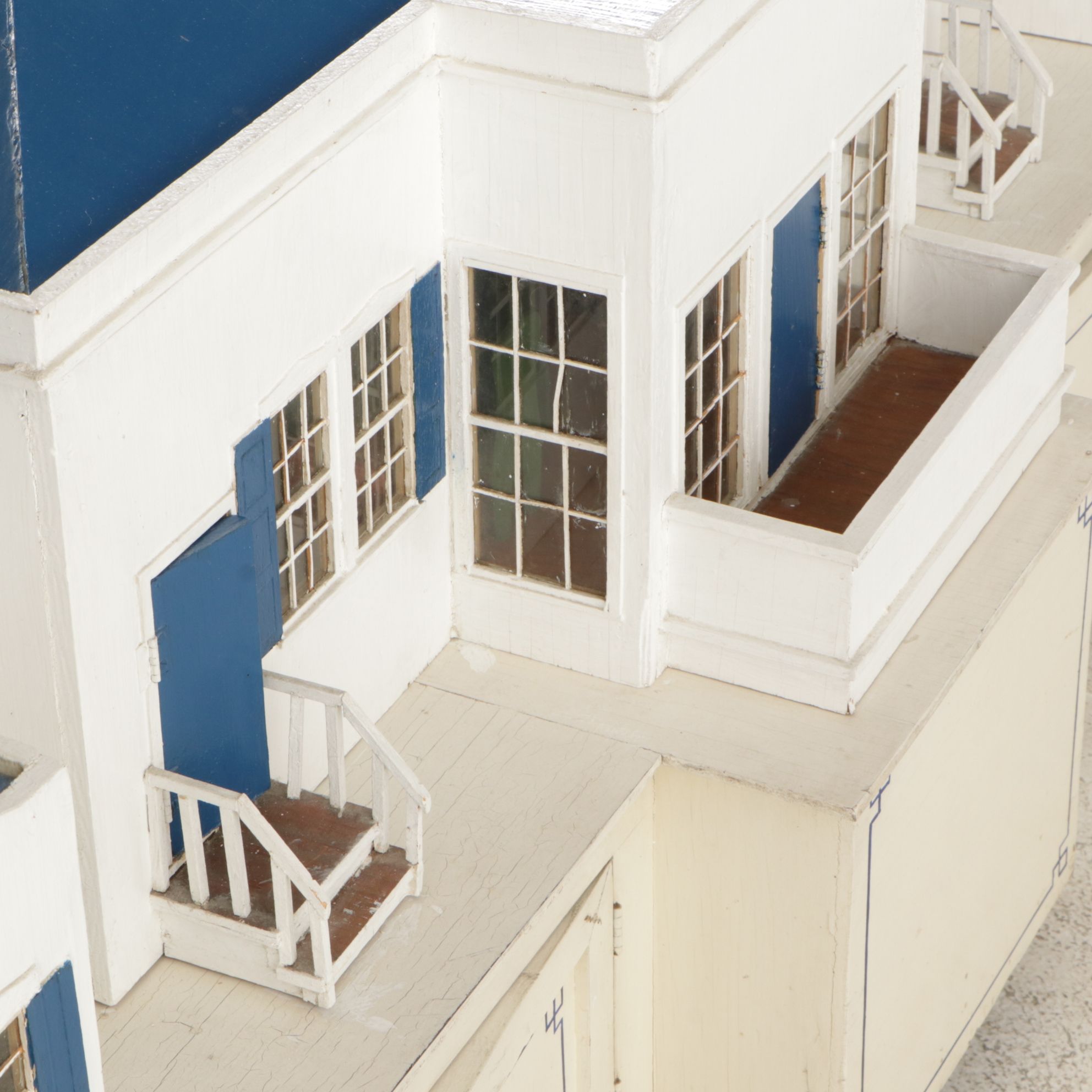 Furnished White and Cobalt Painted Wooden Dollhouse with Storage Cabinet Base