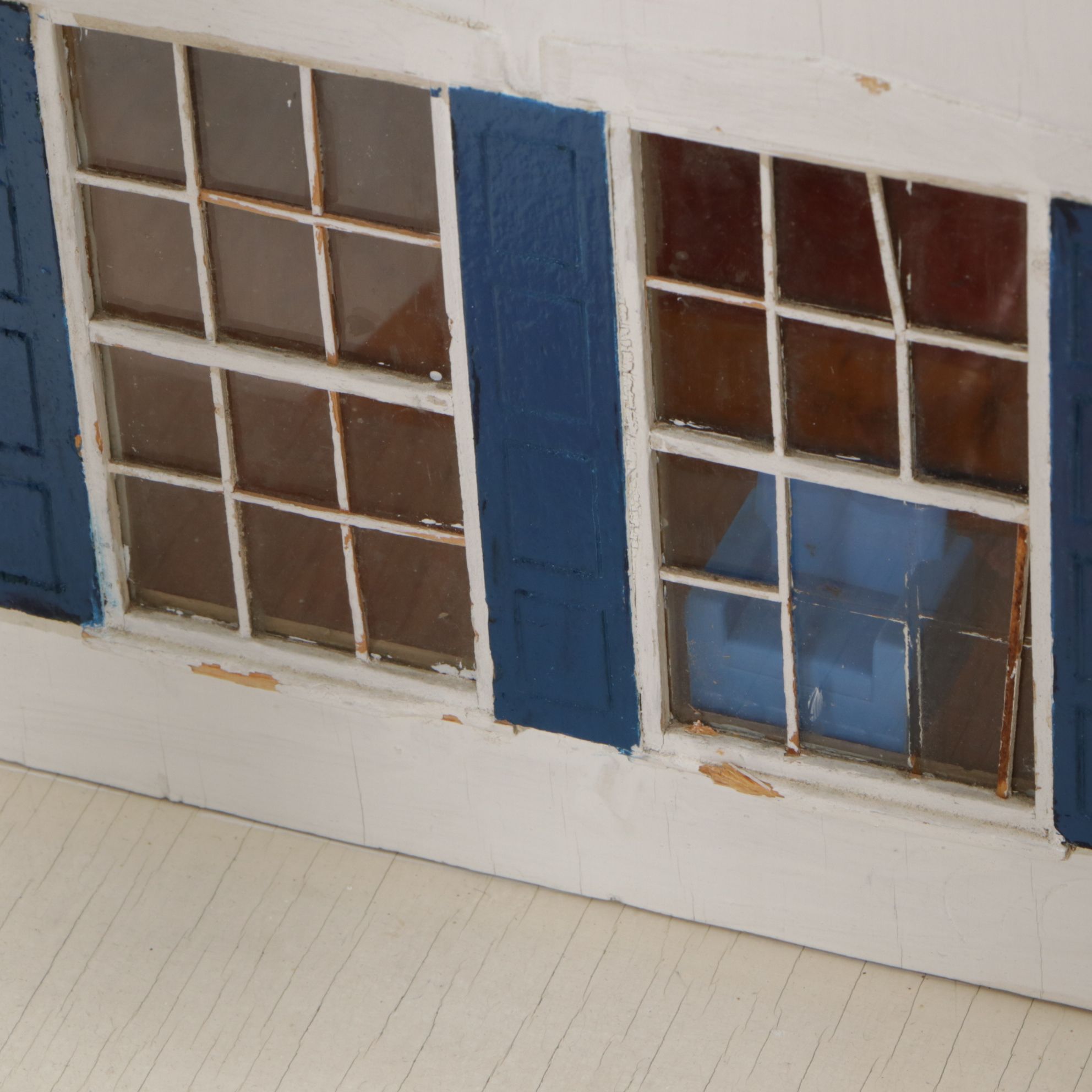 Furnished White and Cobalt Painted Wooden Dollhouse with Storage Cabinet Base