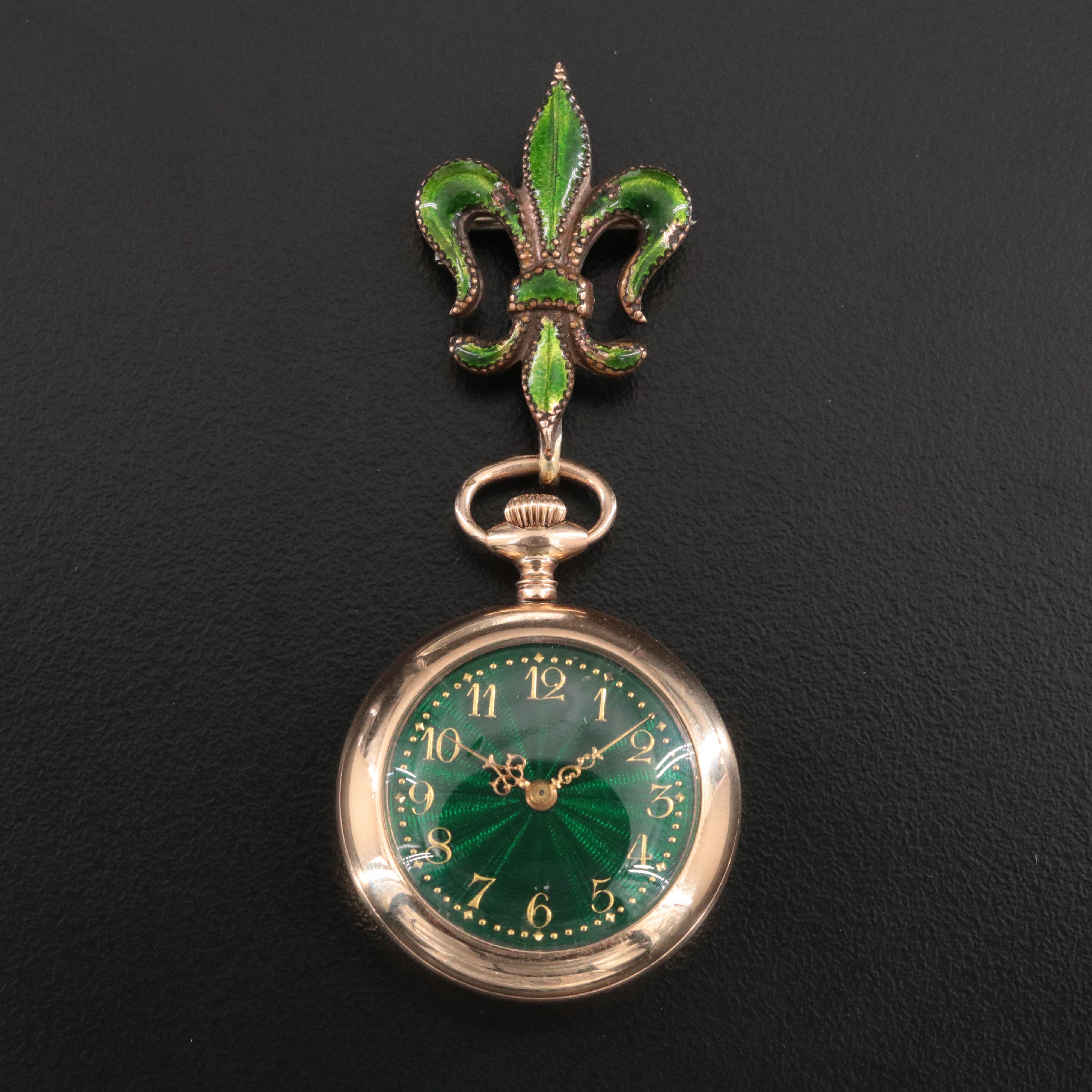 New England Watch Co. Gold-Filled and Enamel Fleur de Lis Pocket Watch with Pin