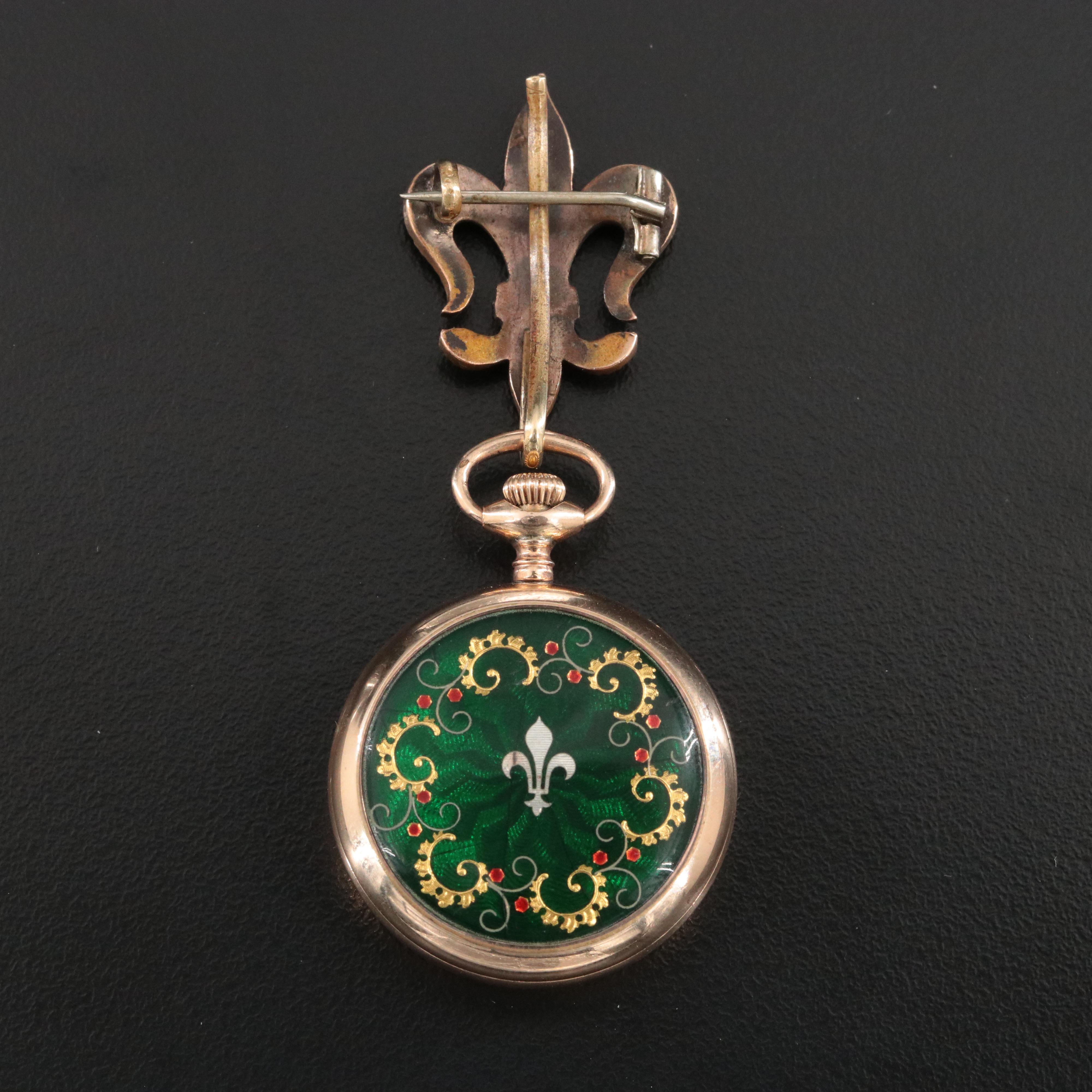 New England Watch Co. Gold-Filled and Enamel Fleur de Lis Pocket Watch with Pin
