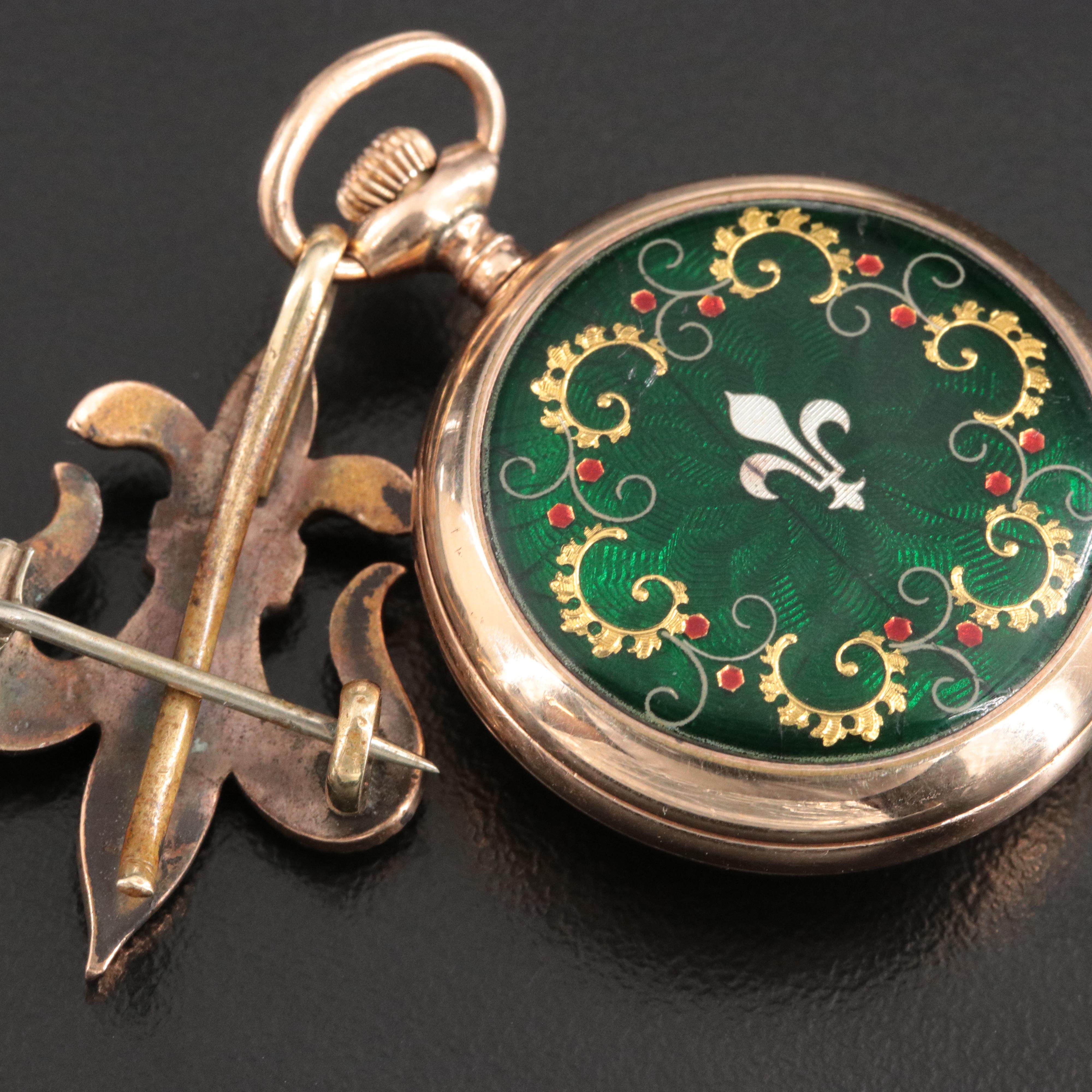 New England Watch Co. Gold-Filled and Enamel Fleur de Lis Pocket Watch with Pin