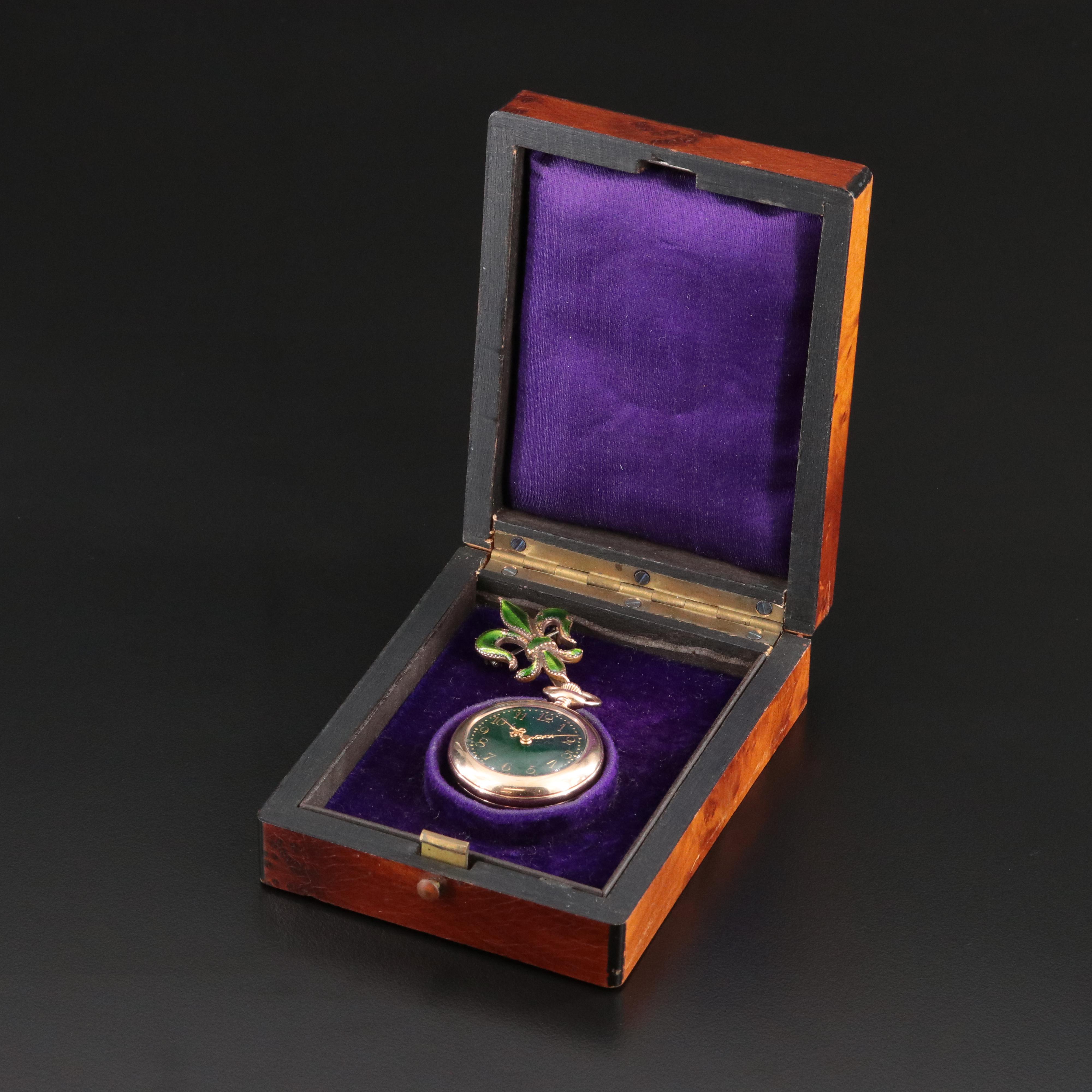 New England Watch Co. Gold-Filled and Enamel Fleur de Lis Pocket Watch with Pin