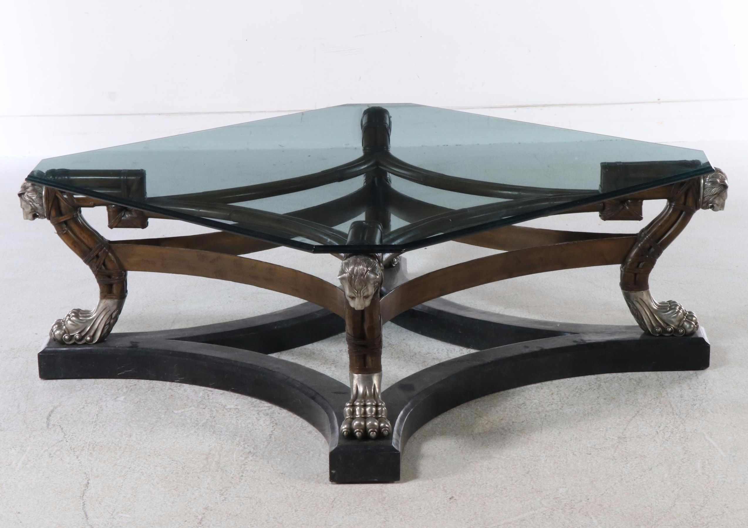 Regency Style Coffee Table with Glass Top after Maitland-Smith